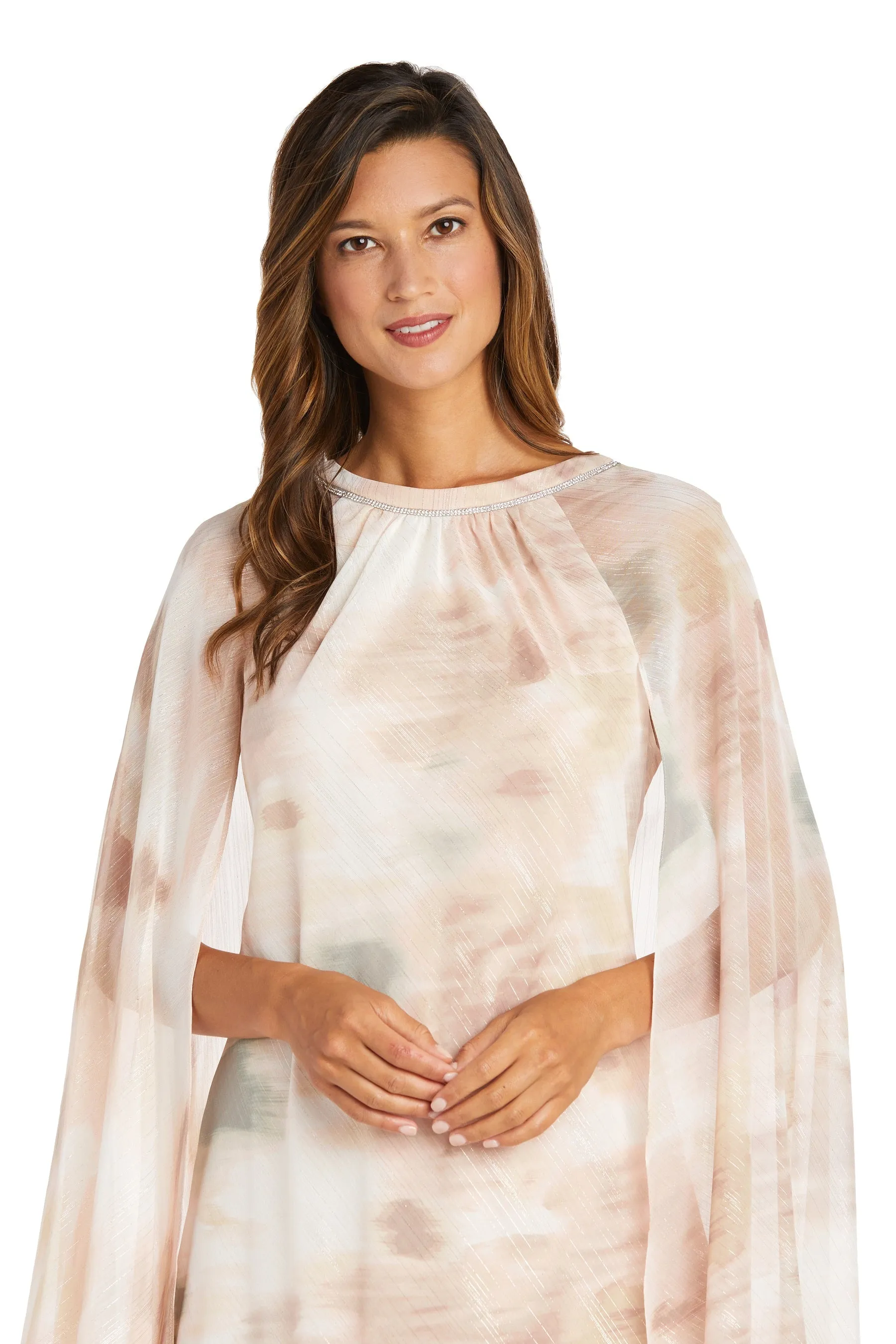 Print Lurex Chiffon Cape Dress with Rhinestone Neck Detail sold by R&M Richards product image thumbnail 3