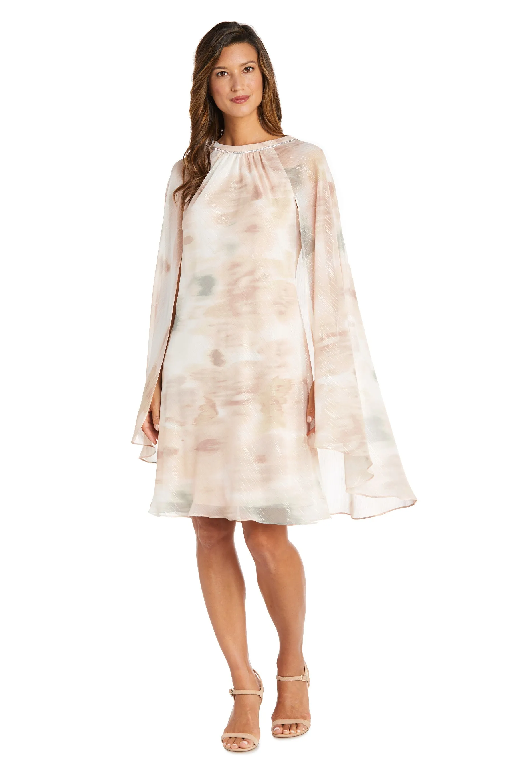 Print Lurex Chiffon Cape Dress with Rhinestone Neck Detail sold by R&M Richards