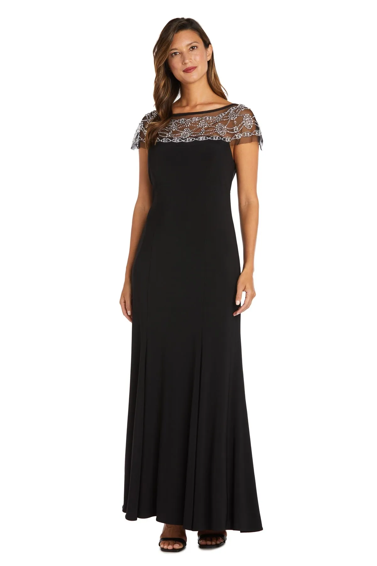 Long Dress with Sheer Beaded Neck and Shoulder Detail sold by R&M Richards
