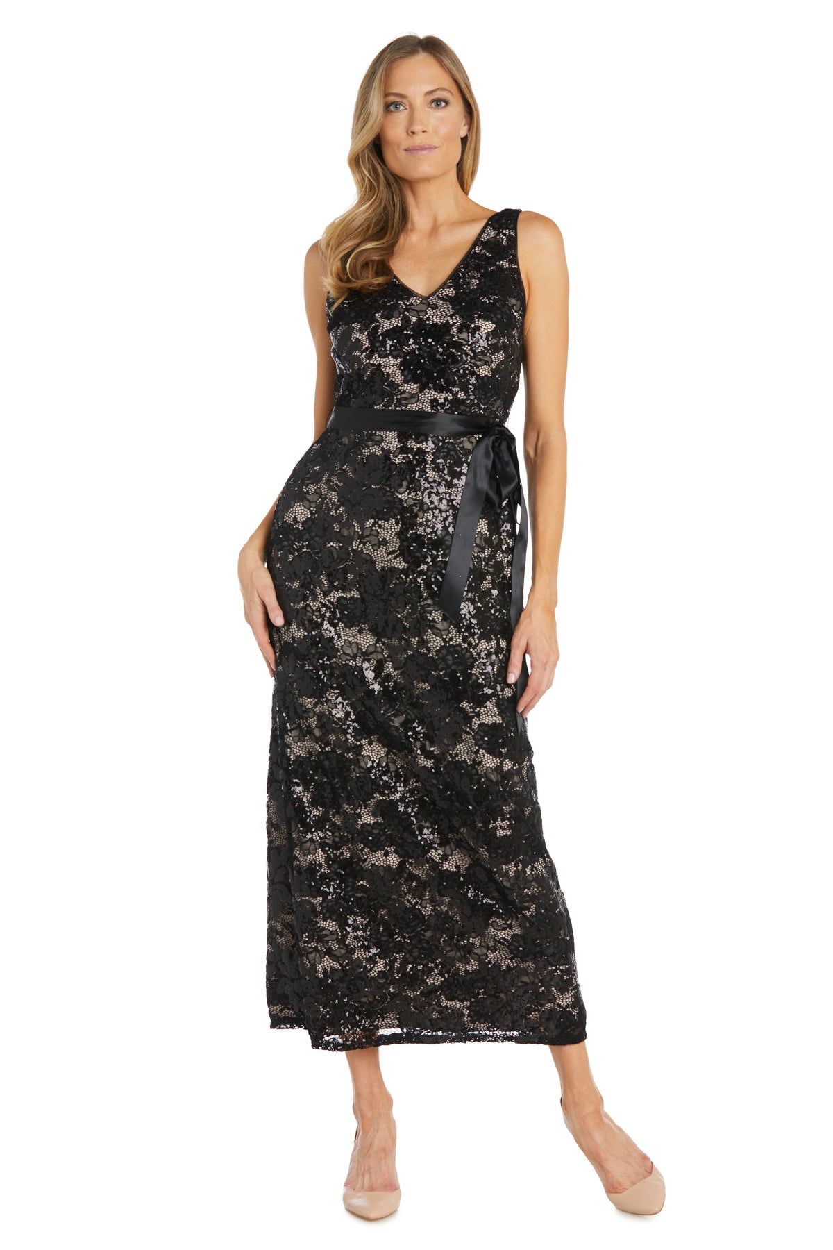 Black Lace Evening Gown With Satin Sash sold by R&M Richards