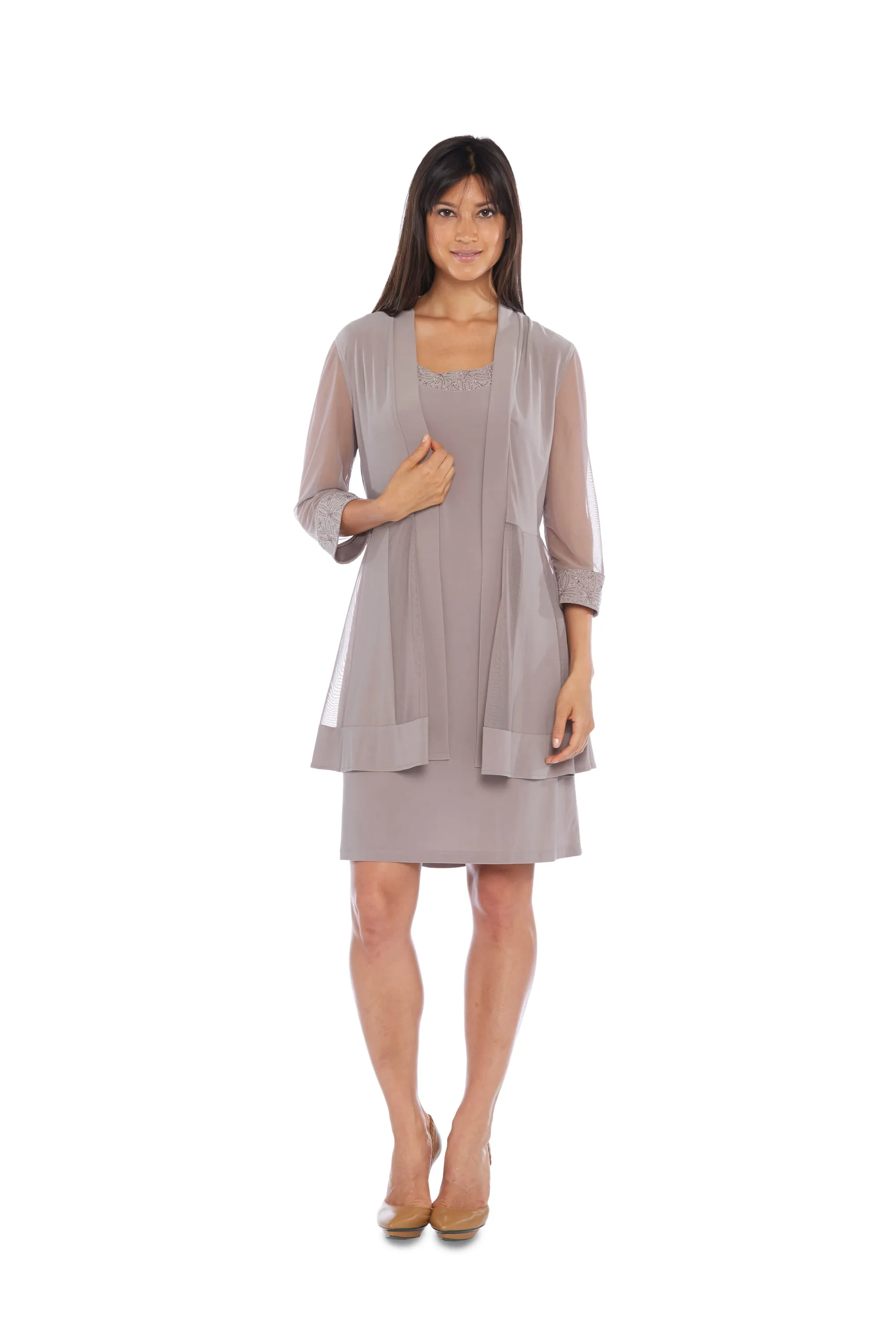 Shift Dress with Sparkling Neckline and Soft Jacket with Sheer Sleeves sold by R&M Richards