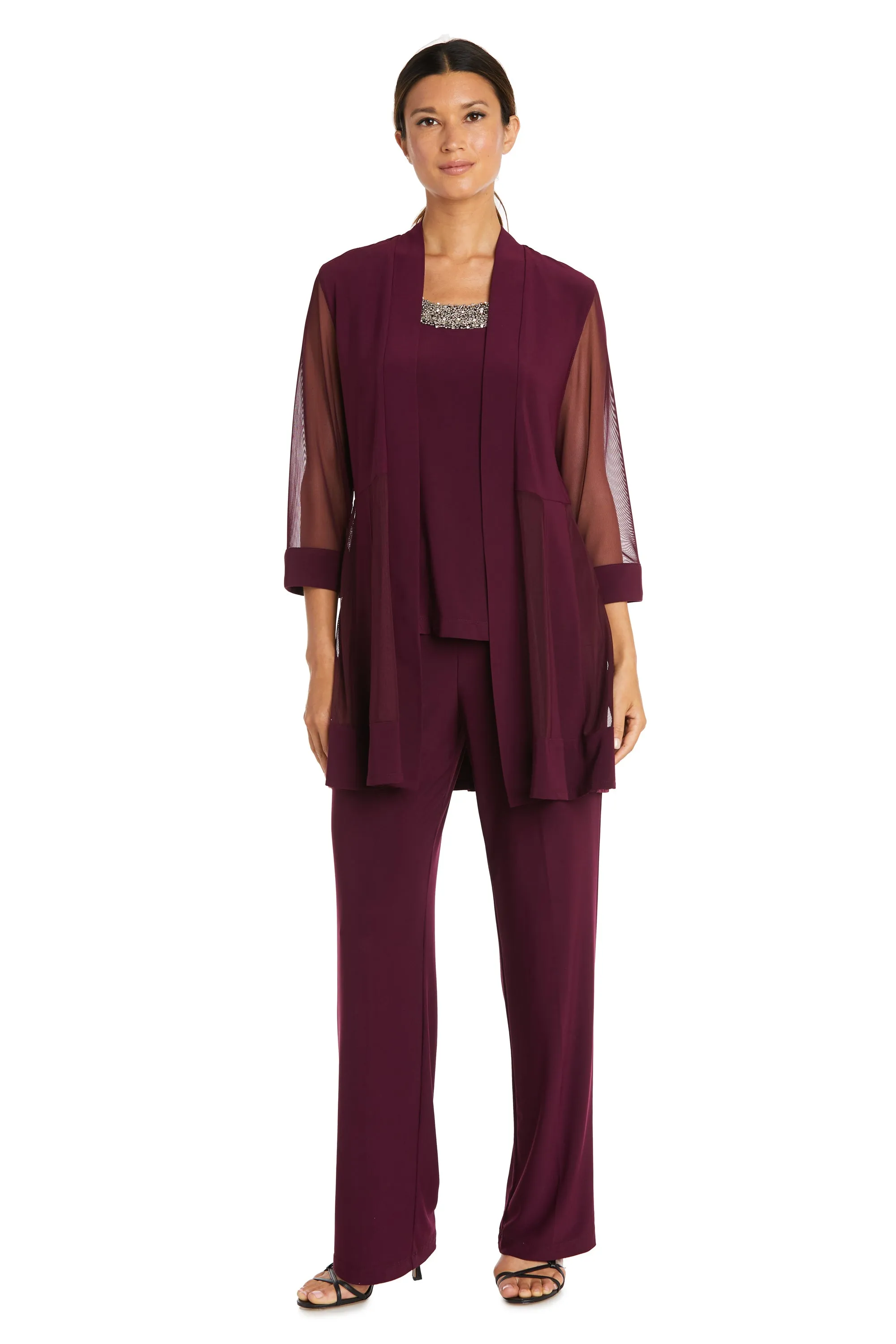Three Piece Pantsuit With Sheer Sleeves and Neckline Beading sold by R&M Richards