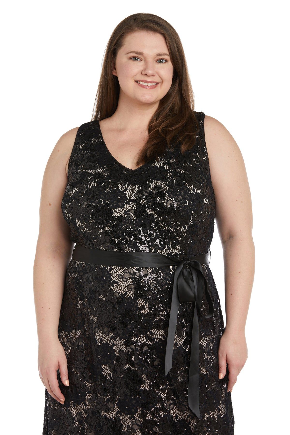 Black Lace Evening Gown With Satin Sash - Plus sold by R&M Richards product image thumbnail 3