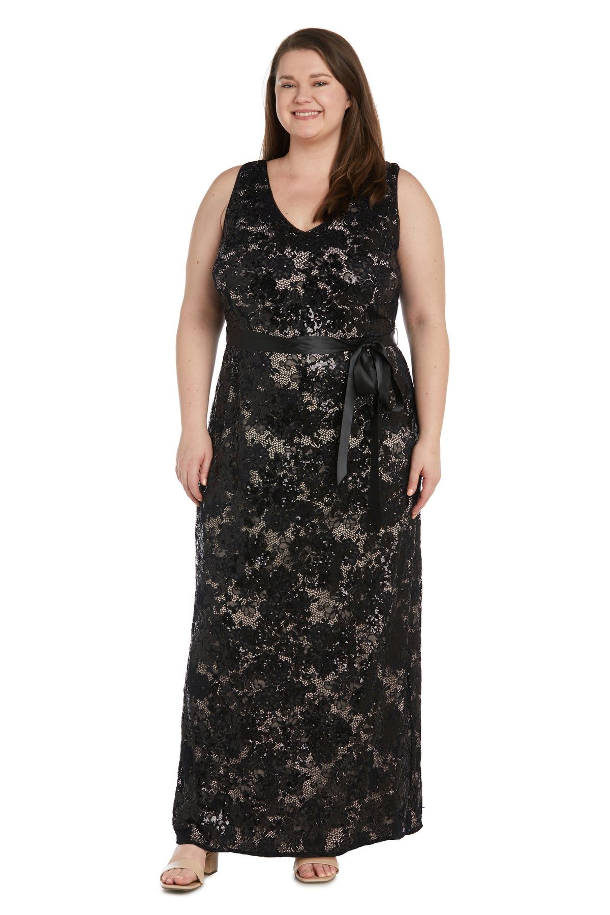 Black Lace Evening Gown With Satin Sash - Plus sold by R&M Richards