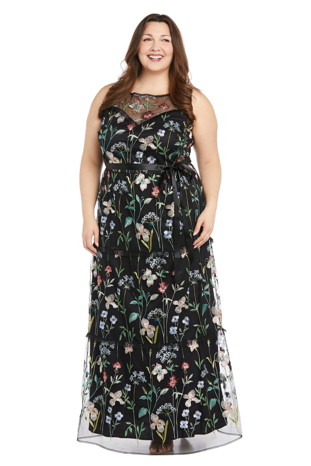 Long Floral Dress with Illusion Neckline - Plus sold by R&M Richards
