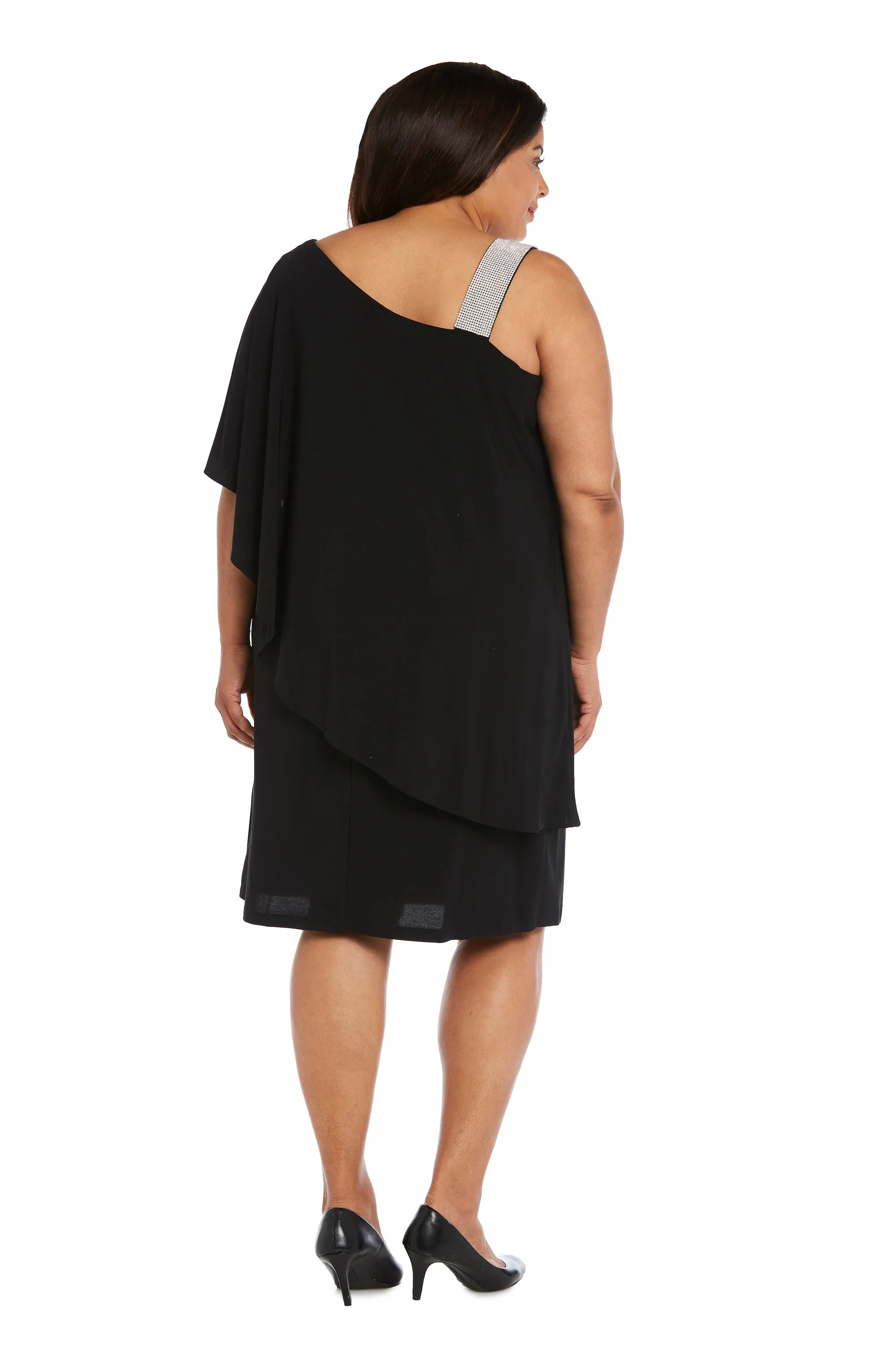 Asymmetric Knee Length Dress with Draped Shoulder and Diamante Strap - Plus sold by R&M Richards product image thumbnail 2