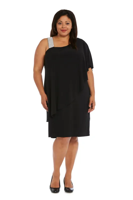 Asymmetric Knee Length Dress with Draped Shoulder and Diamante Strap - Plus sold by R&M Richards