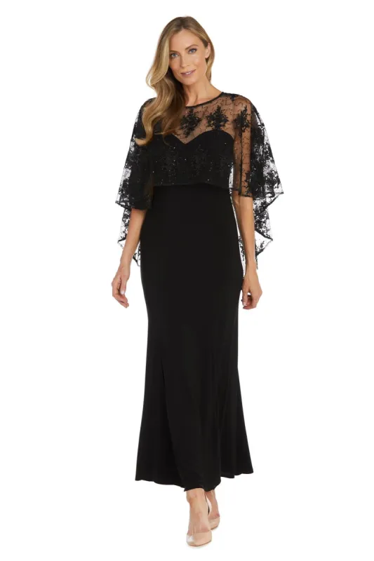 Long Dress with Sheer Illusion Embellished Capelet sold by R&M Richards