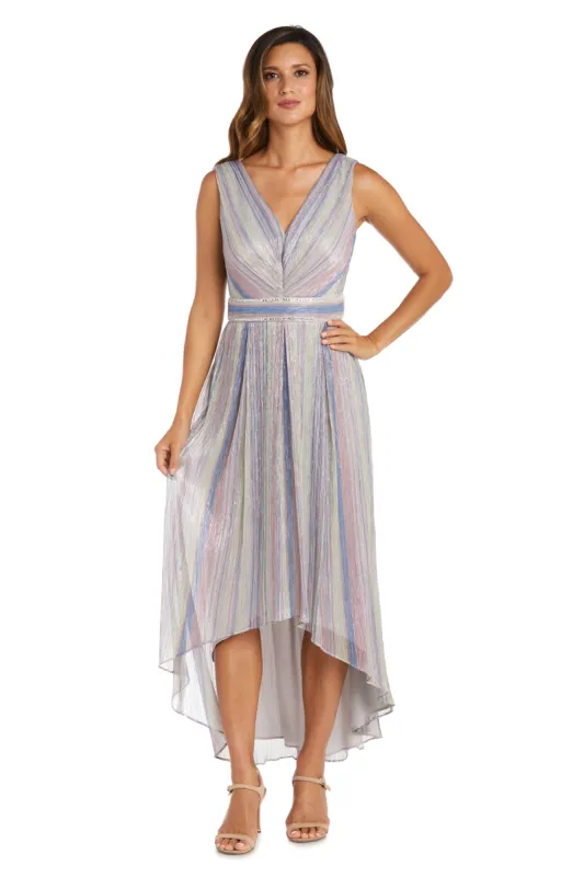 High-Low Metallic Crinkle Dress With a Rhinestone Waist Detail sold by R&M Richards