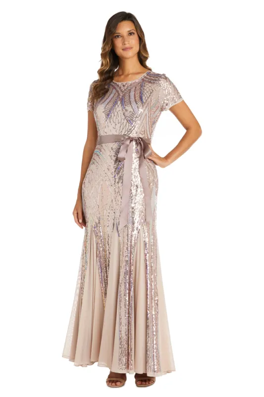 Short-Sleeve Sequined Rainbow Evening Gown with Ribbon Sash - Petite sold by R&M Richards