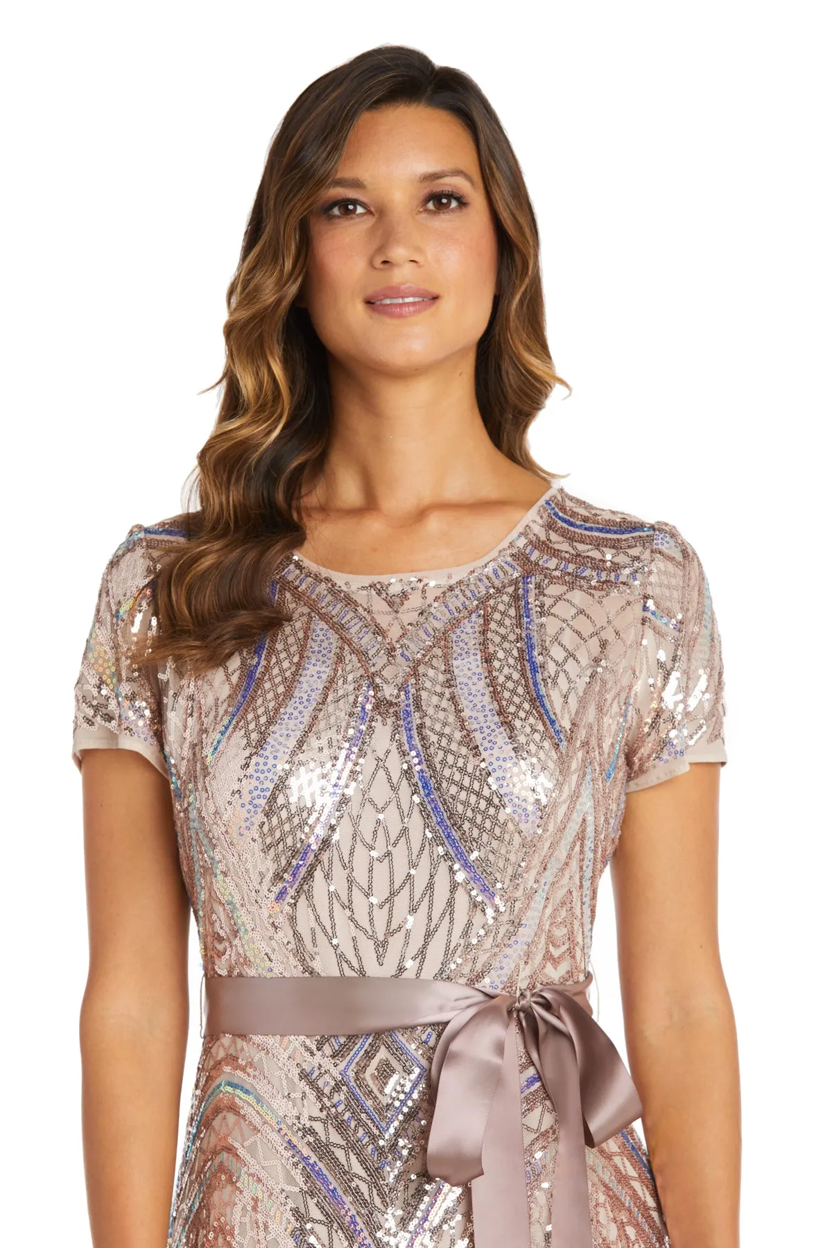 Short-Sleeve Sequined Rainbow Evening Gown with Ribbon Sash - Petite sold by R&M Richards product image thumbnail 3