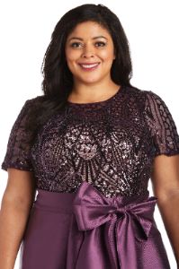 High-Low Satin Skirt, Bow at Waist, and Sequin Top Dress - Plus sold by R&M Richards