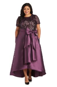 High-Low Satin Skirt, Bow at Waist, and Sequin Top Dress - Plus sold by R&M Richards