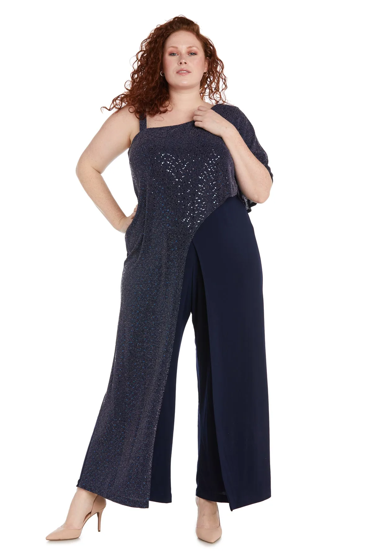 Asymmetric Jumpsuit with Sequined Overlay and Draped Shoulder - Plus sold by R&M Richards product image thumbnail 4