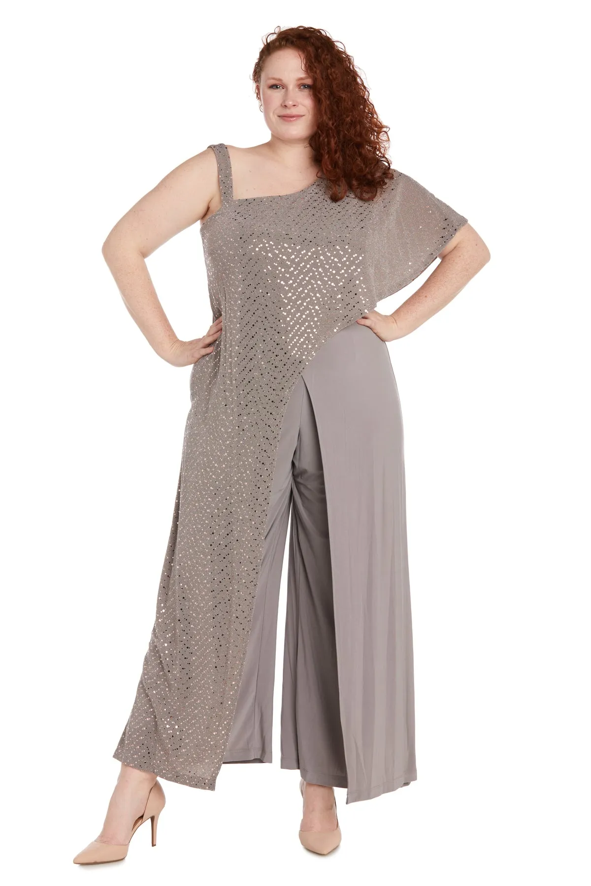 Asymmetric Jumpsuit with Sequined Overlay and Draped Shoulder - Plus sold by R&M Richards