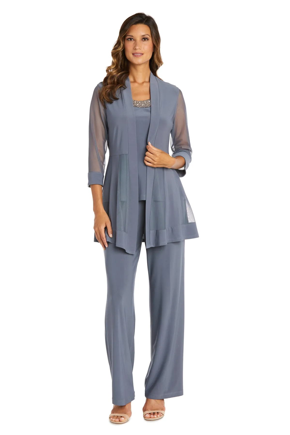 Three Piece Pant Suit with Sheer Inserts, Beading and Diamante - Petite sold by R&M Richards
