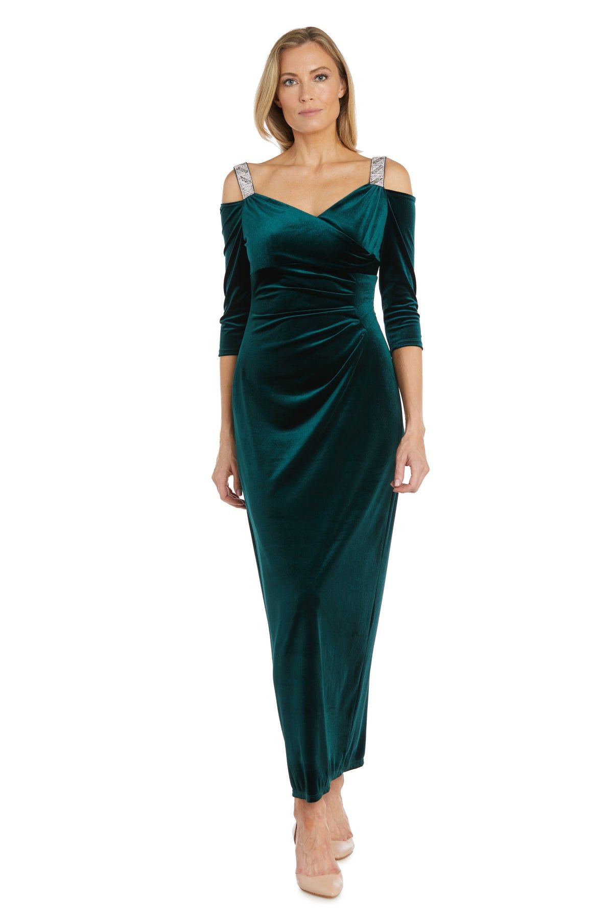 Long Stretched Velvet Evening Gown With Rhinestone Straps sold by R&M Richards