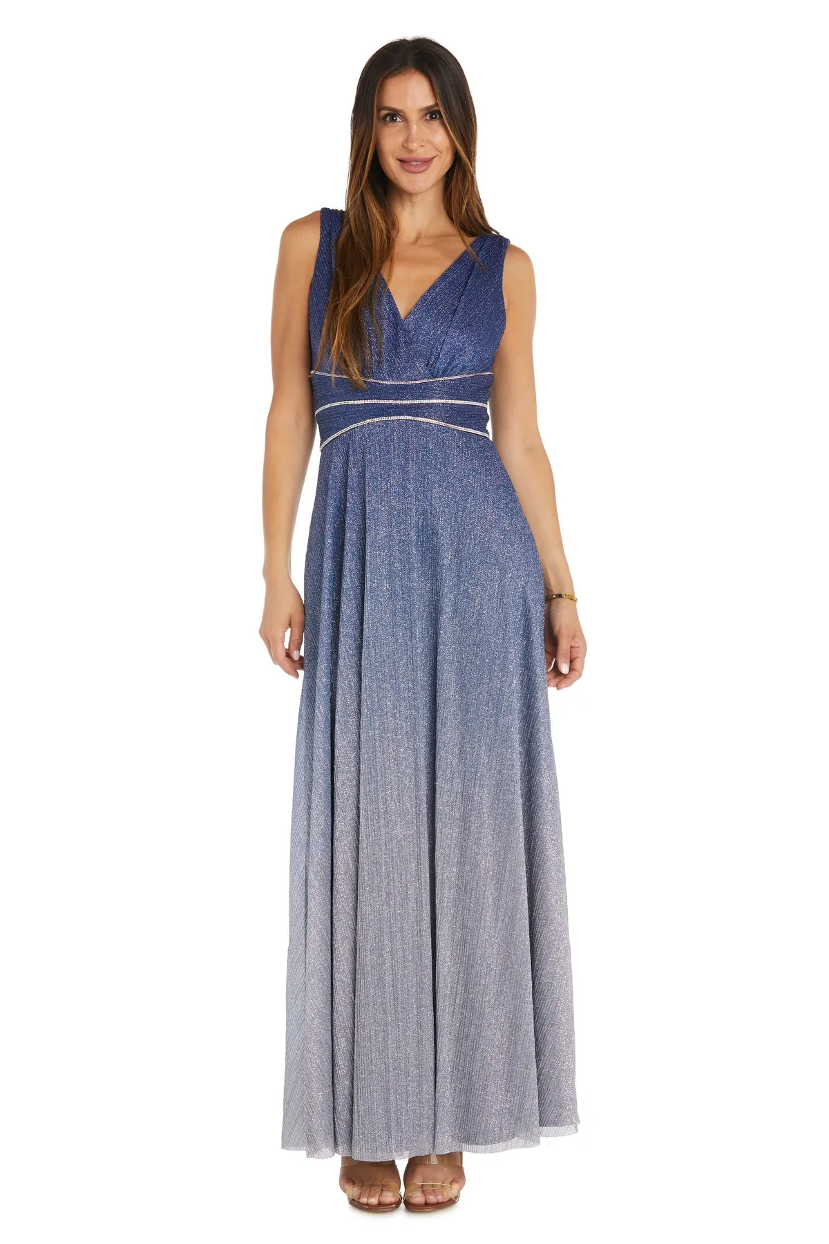 Long Crinkle Gown with Rhinestone Waist Detail sold by R&M Richards