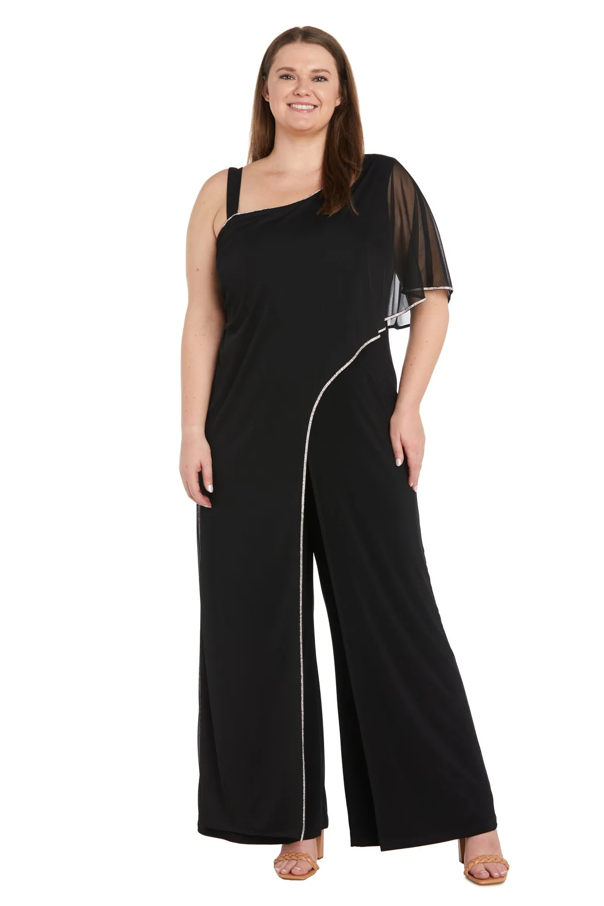 One Shoulder Jumpsuit with Chiffon Overlay and Rhinestone Trim - Plus sold by R&M Richards
