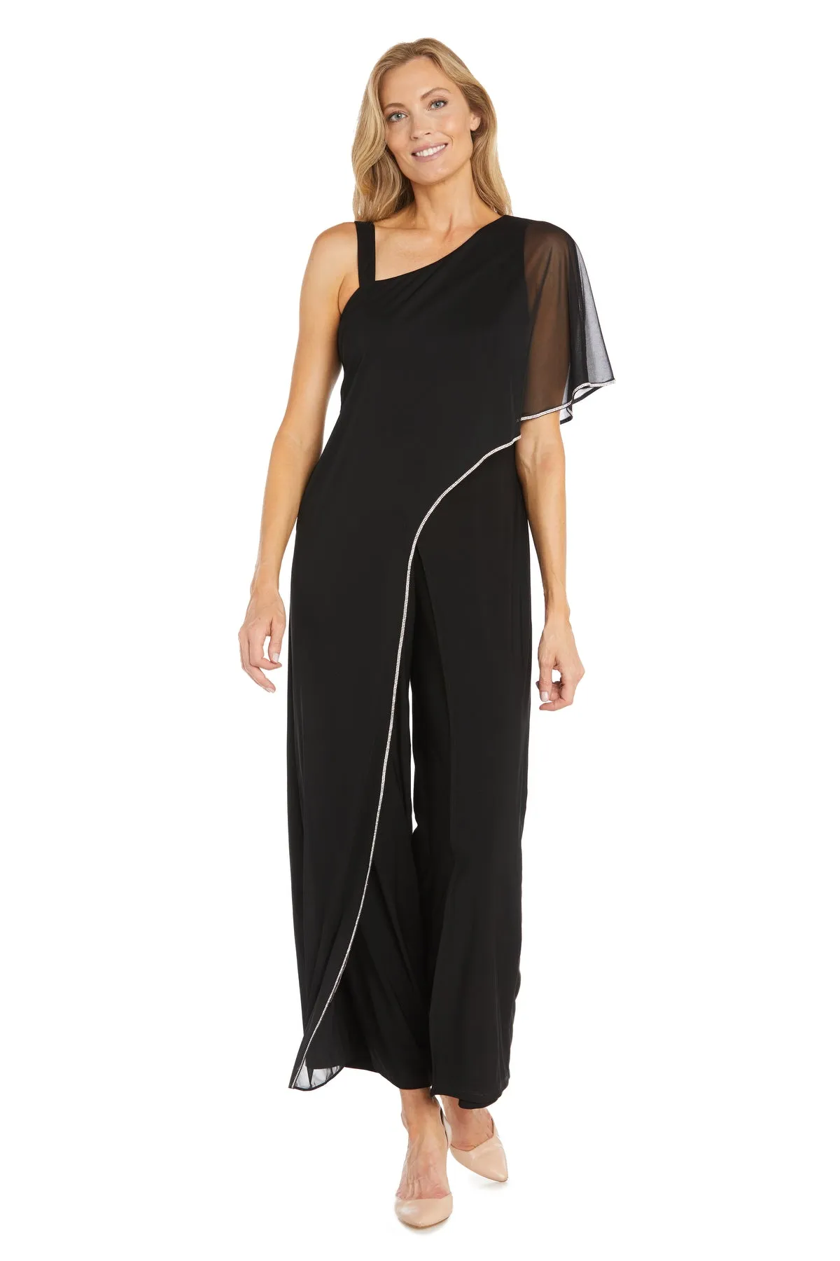 One Shoulder Jumpsuit with Chiffon Overlay and Rhinestone Trim sold by R&M Richards