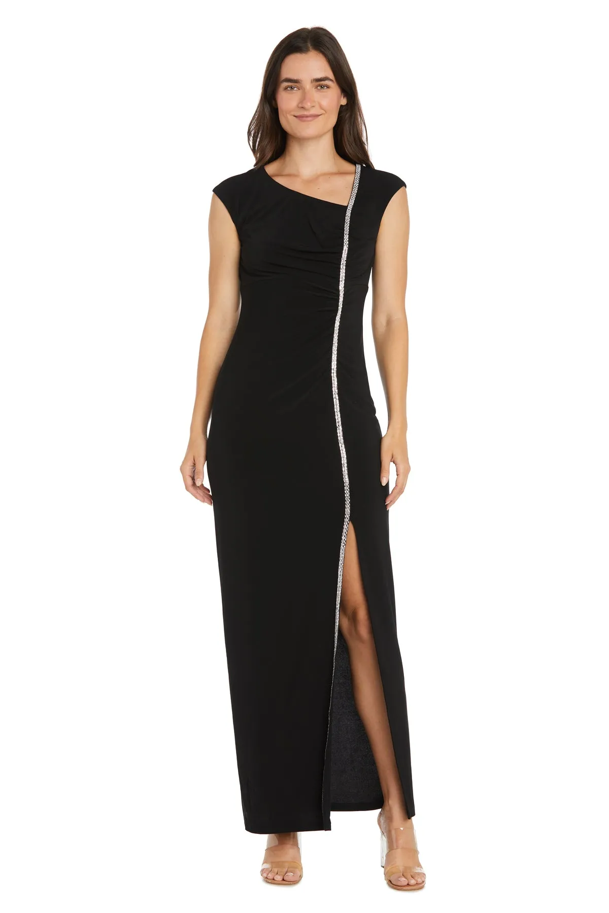 Long Ity Dress with Asymmetrical Top and Rhinestone Trim sold by R&M Richards