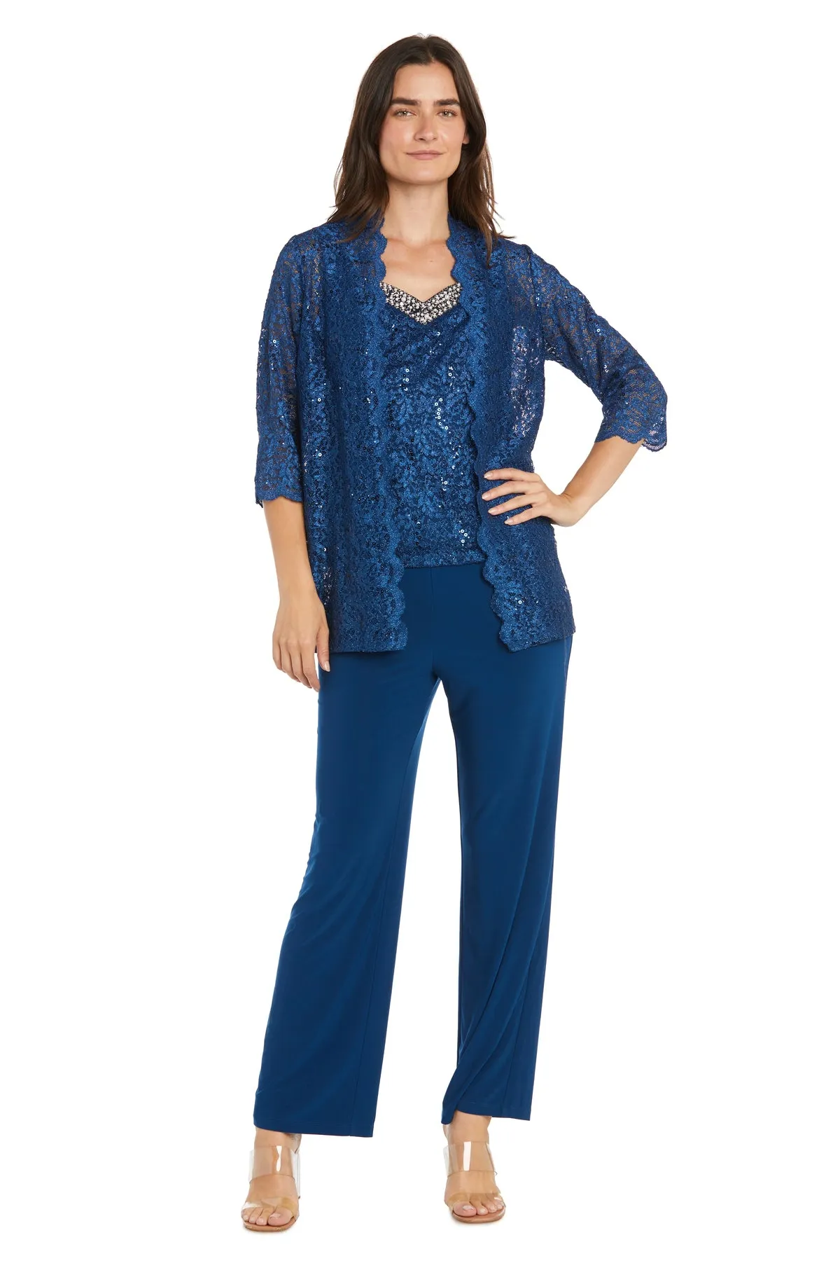 Lace Pantsuit With Delicate Sequins and a Pearl-Detailed Neckline - Petite sold by R&M Richards