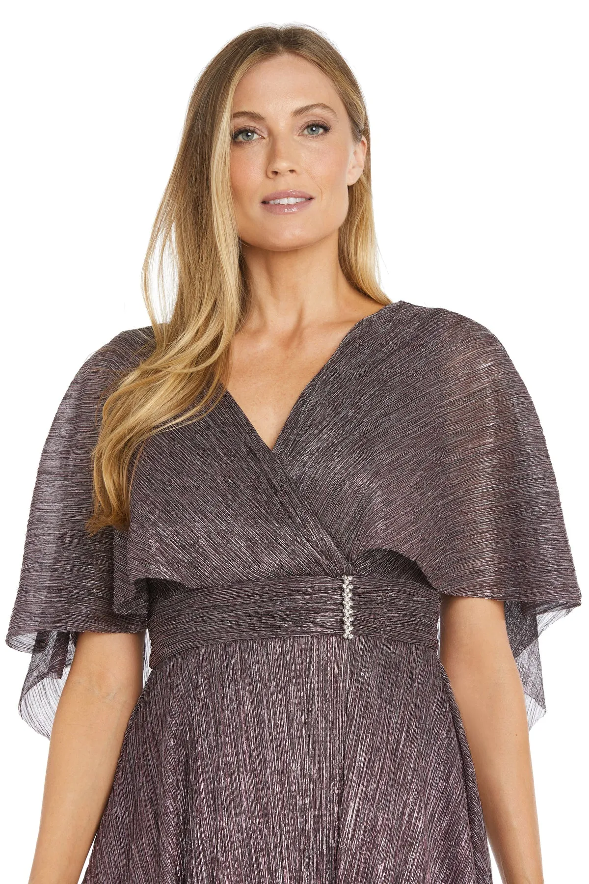 Metallic Pleated Caplet Gown with Rhinestone Detailing sold by R&M Richards product image thumbnail 3