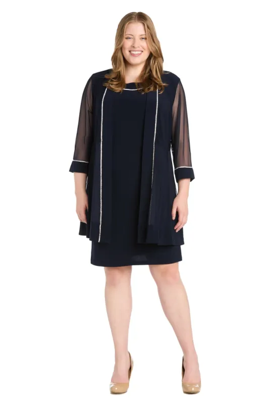Rhinestone Trim Jacket Dress with Illusion Sleeves - Plus sold by R&M Richards