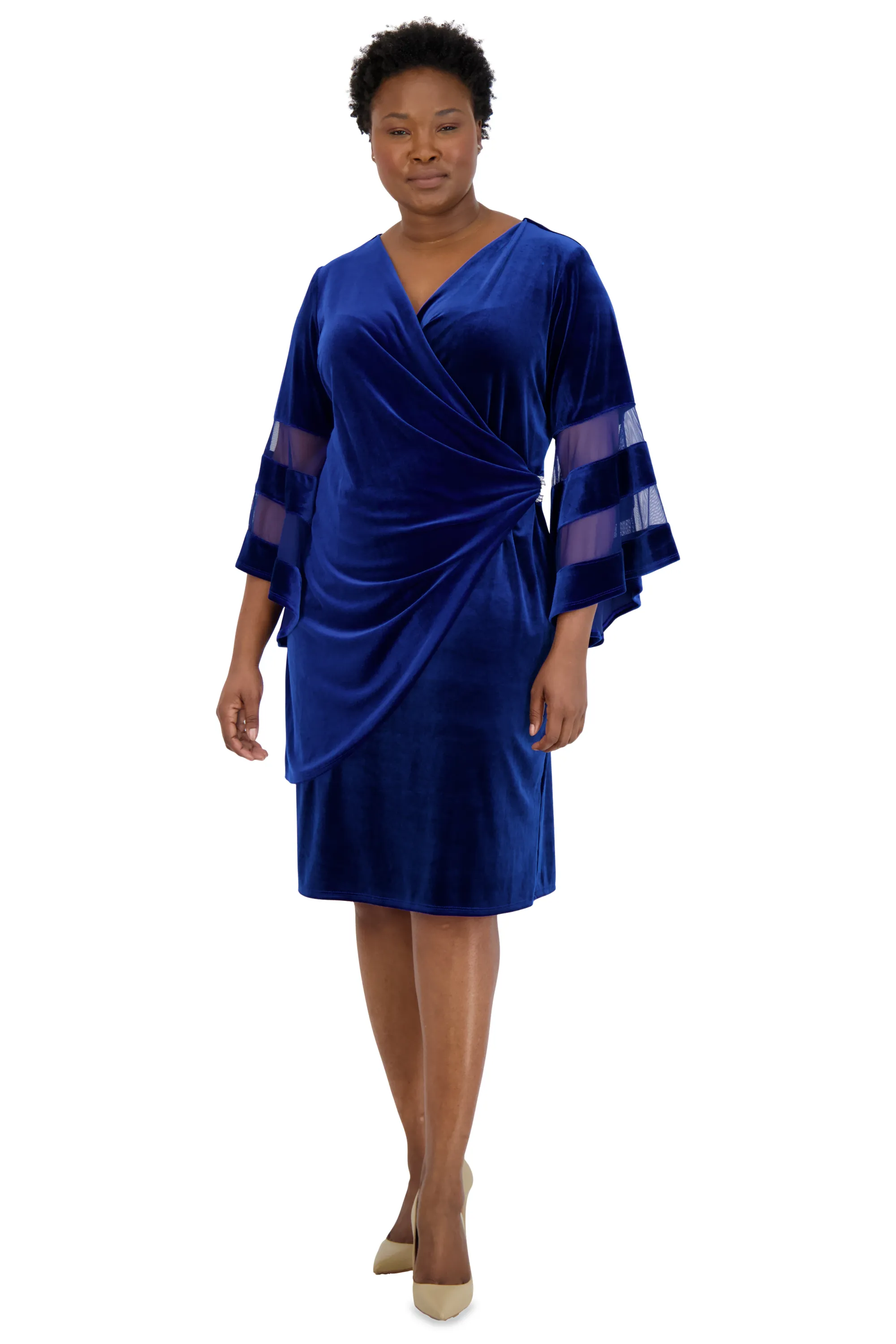 Stretch Velvet Bell Sleeved Cocktail Dress - Plus sold by R&M Richards product image thumbnail 4