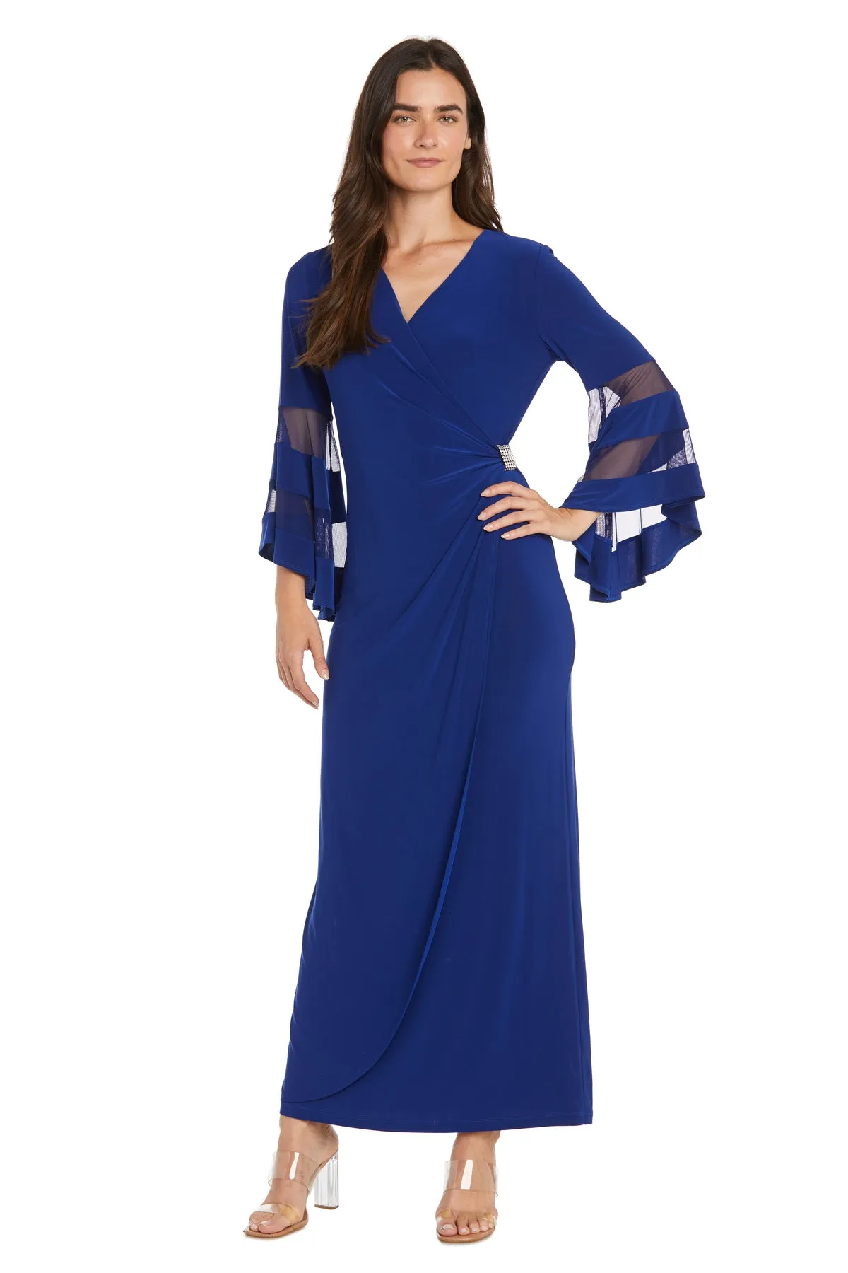 Long Ity Dress with Long Illusion Flutter Sleeves and Rhinestone Waistband Detail sold by R&M Richards product image thumbnail 4