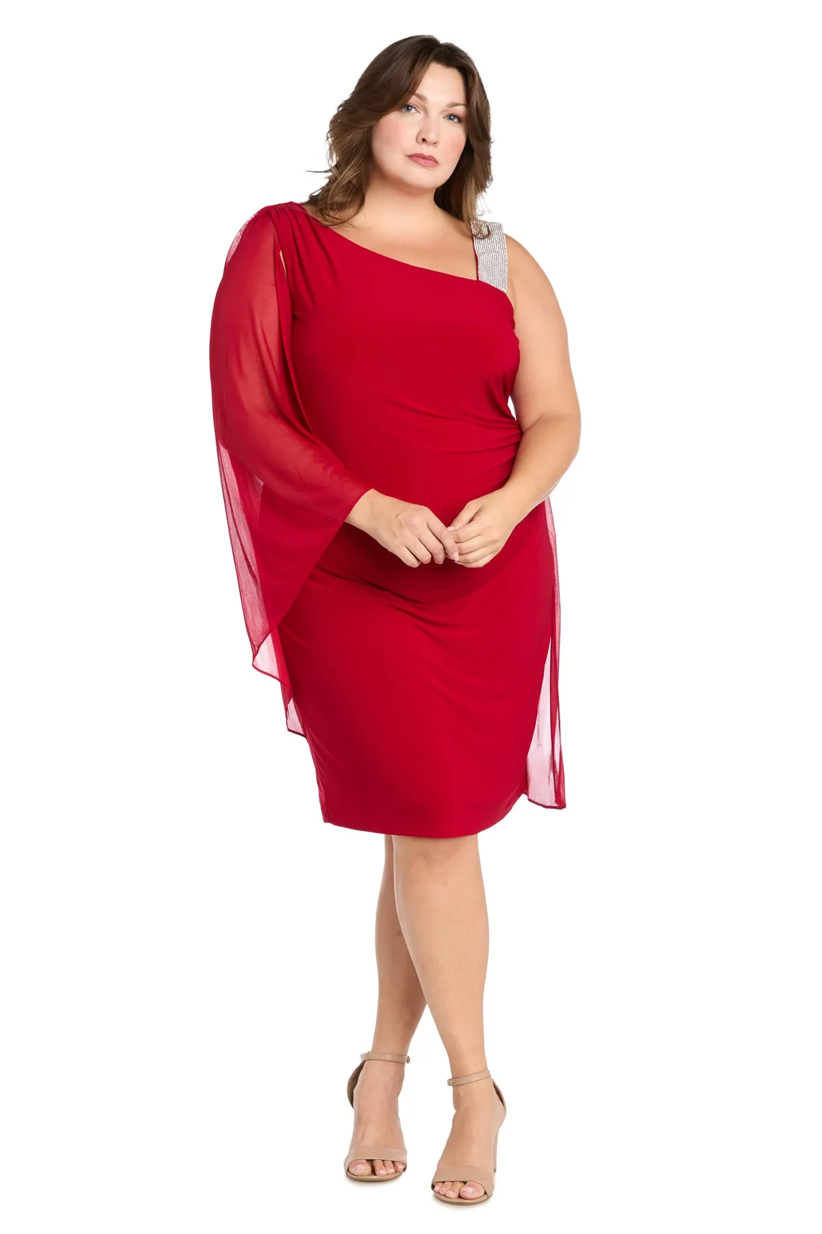 Rhinestone-Accent One-Shoulder Cocktail Dress with Cape - Plus sold by R&M Richards