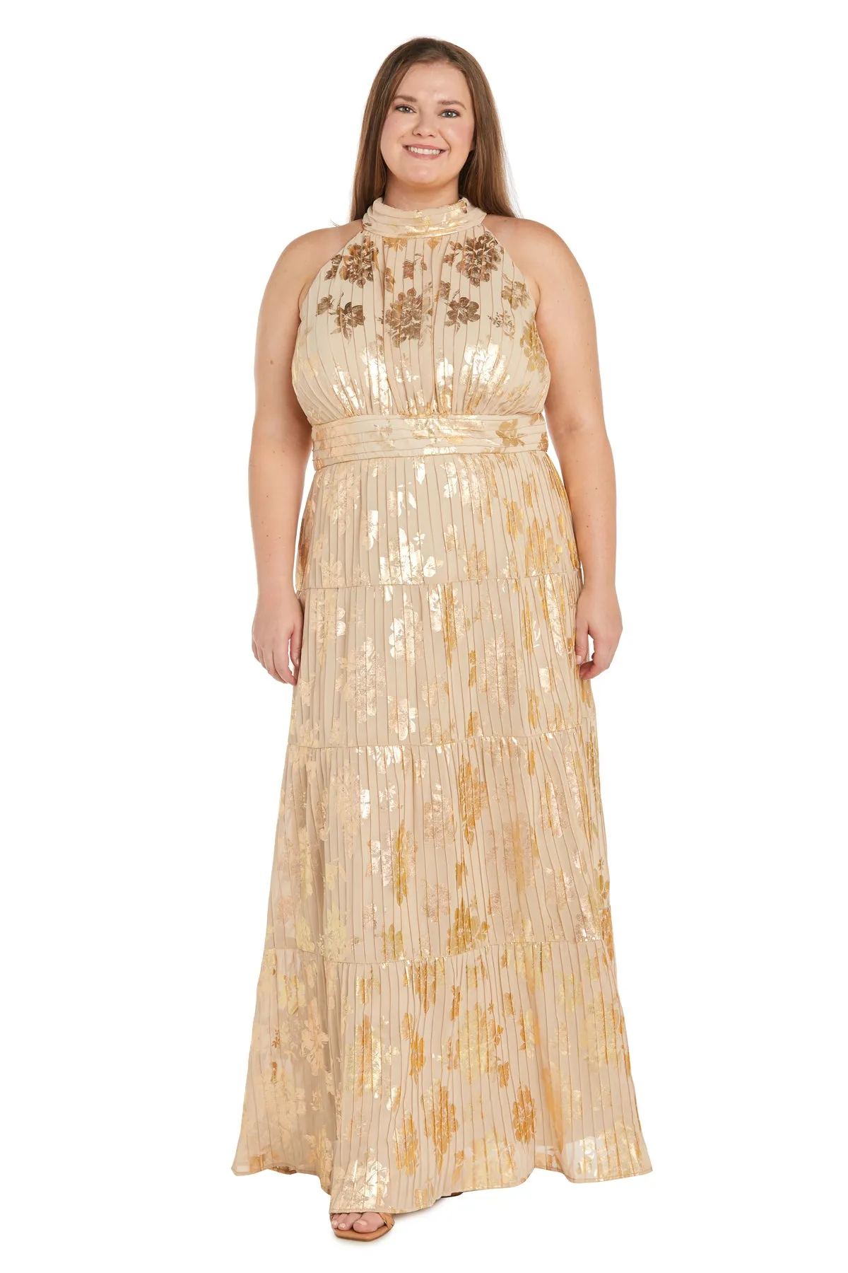 Long Pleated Metallic Jacquard Dress with a Tiered Skirt - Plus sold by R&M Richards