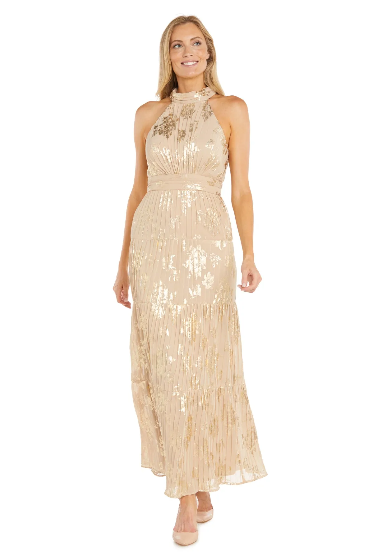 Long Pleated Metallic Jacquard Dress with a Tiered Skirt sold by R&M Richards