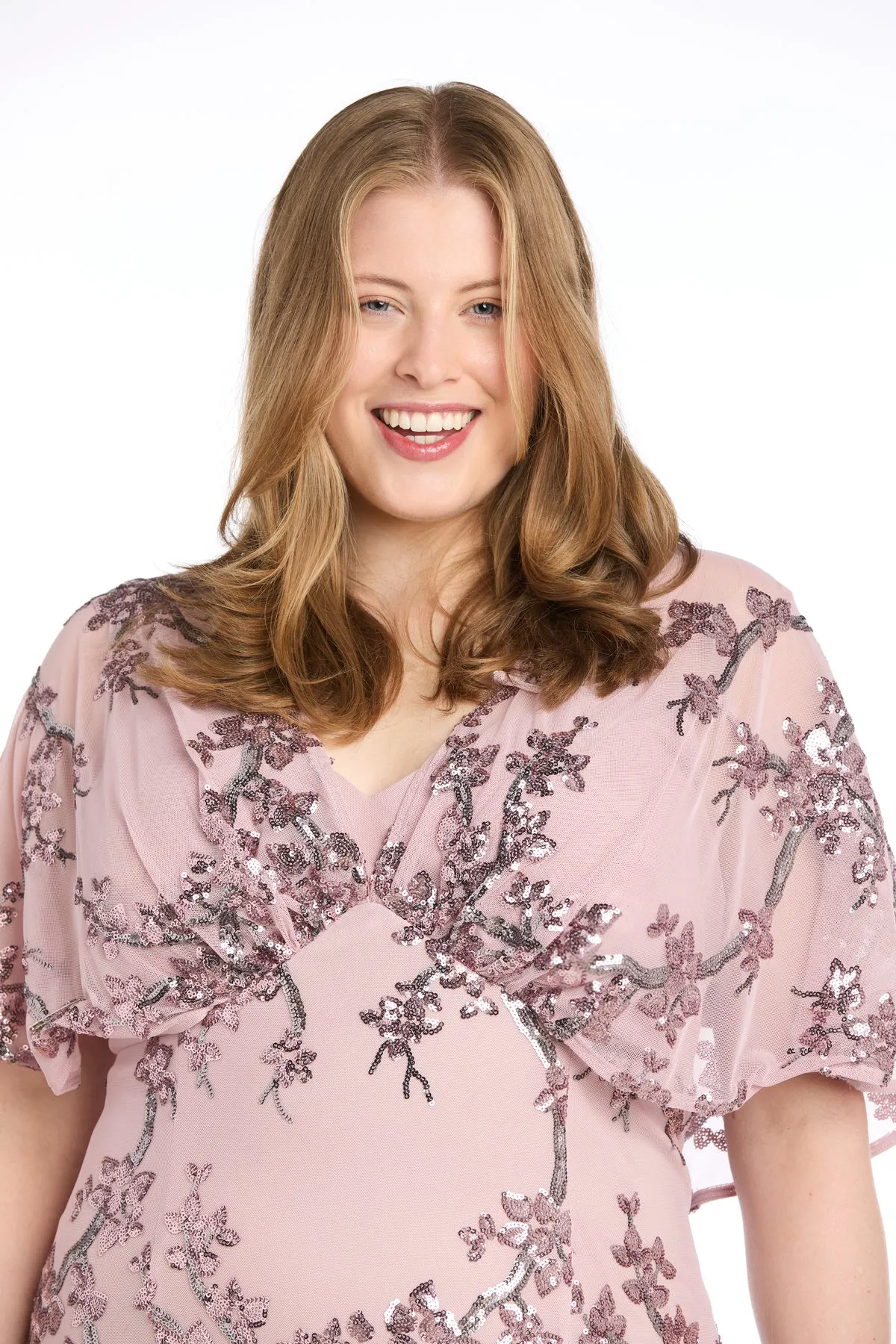 Pink Chiffon Long Dress with Floral Sequin Caplet - Plus sold by R&M Richards product image thumbnail 3