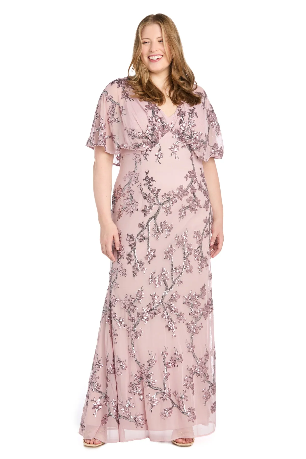Pink Chiffon Long Dress with Floral Sequin Caplet - Plus sold by R&M Richards