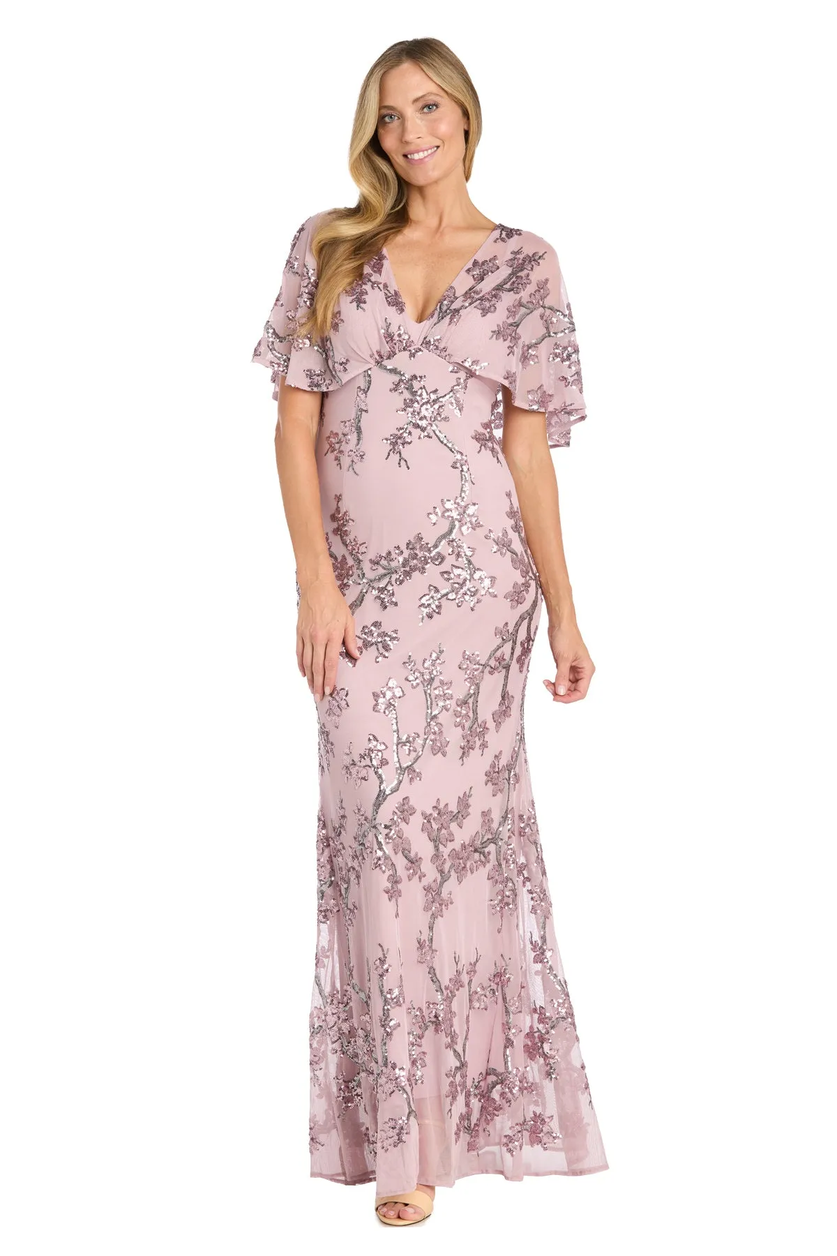 Pink Chiffon Long Dress with Floral Sequin Caplet - Petite sold by R&M Richards
