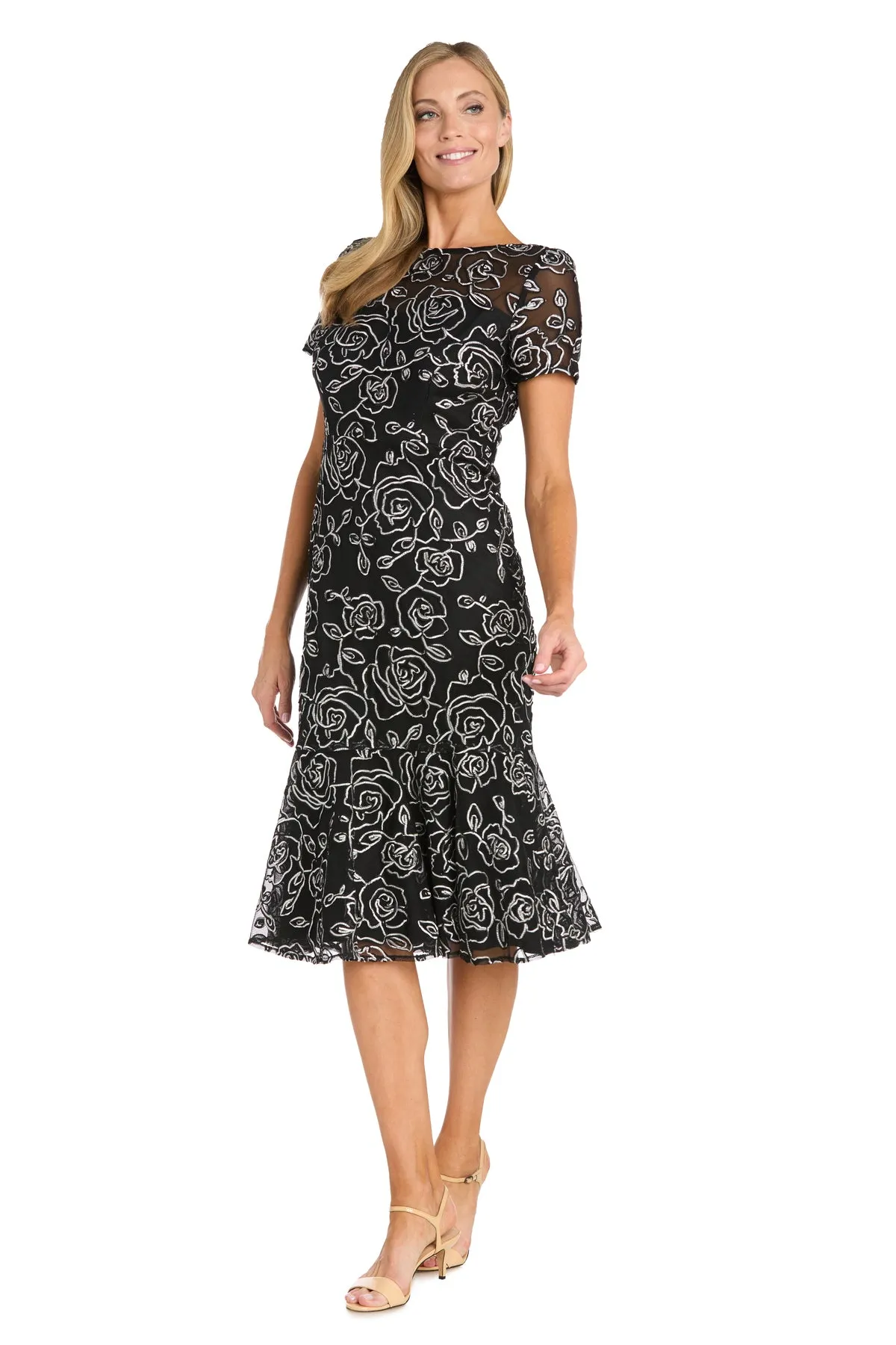 Embroidered Floral Midi Dress with Flared Skirt and Short Sleeves - Petite sold by R&M Richards