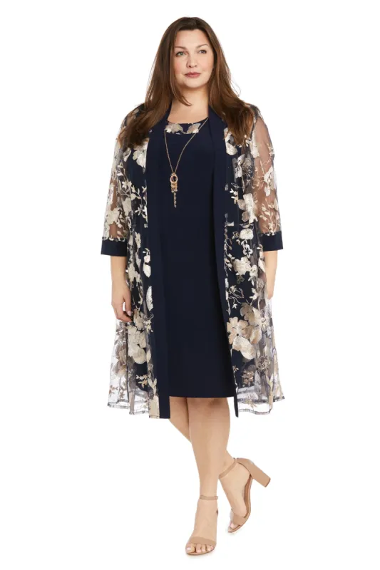 Floral-Threaded Sheer Jacket Dress with Detachable Necklace - Plus made by R&M Richards