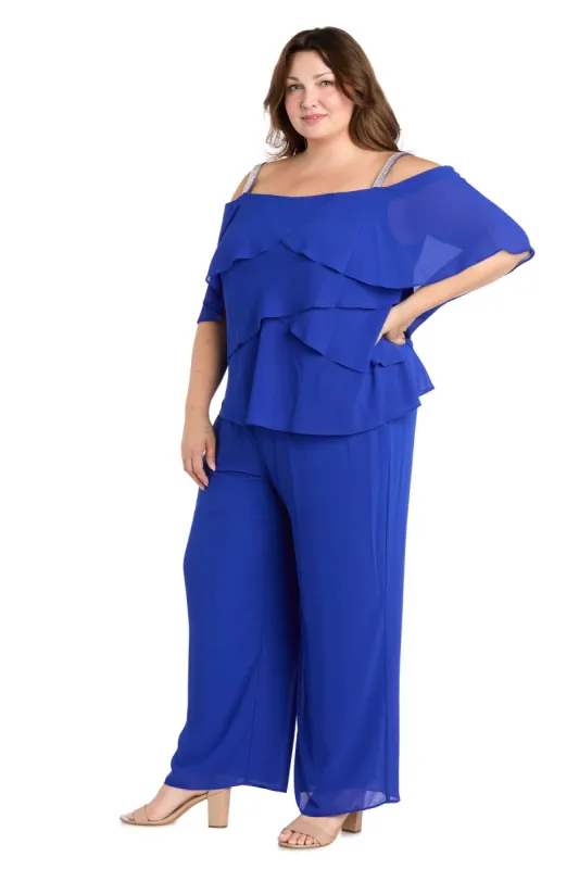 Pantsuit with Rhinestone Straps and Ruffle Top - Plus sold by R&M Richards