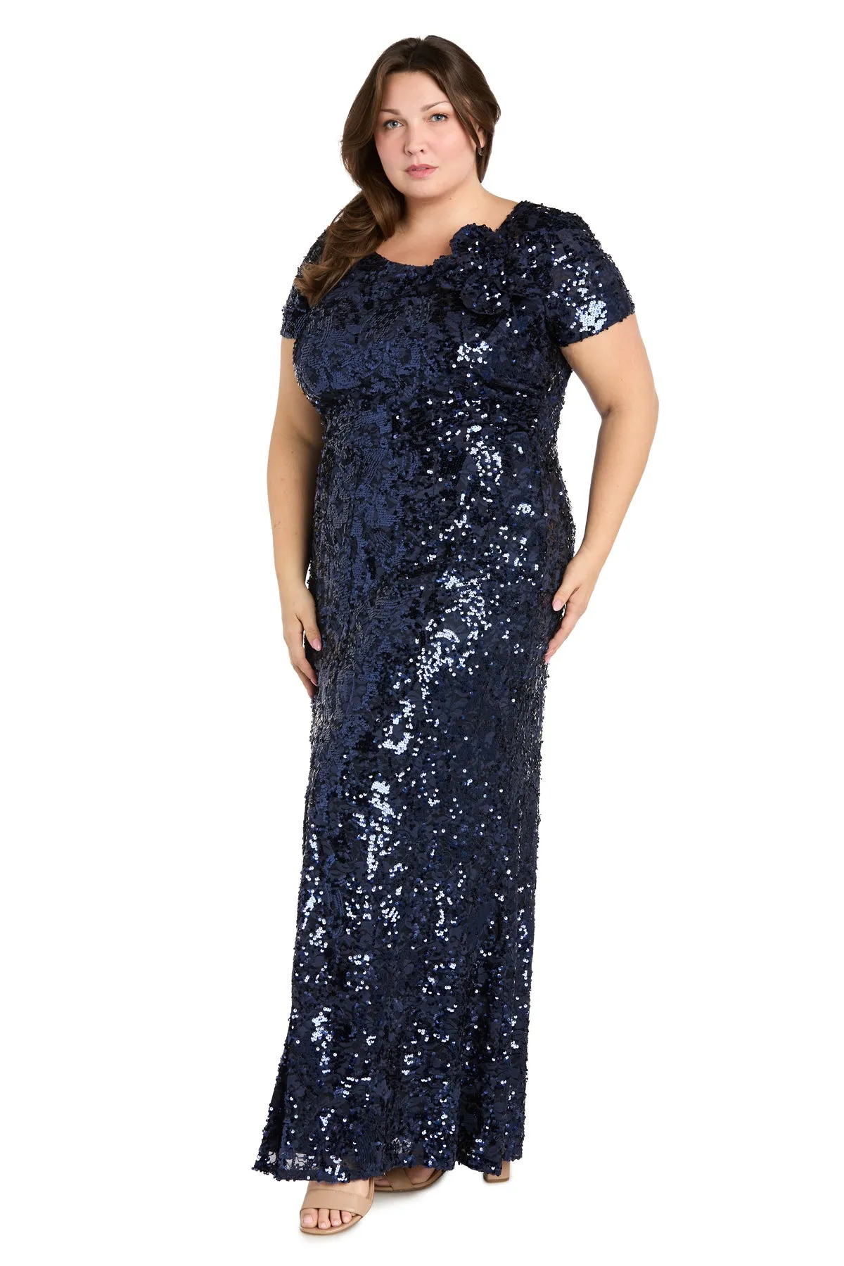 Radiant Bloom: Sequin Gown with High Slit and Floral Shoulder Accent - Plus sold by R&M Richards product image thumbnail 4