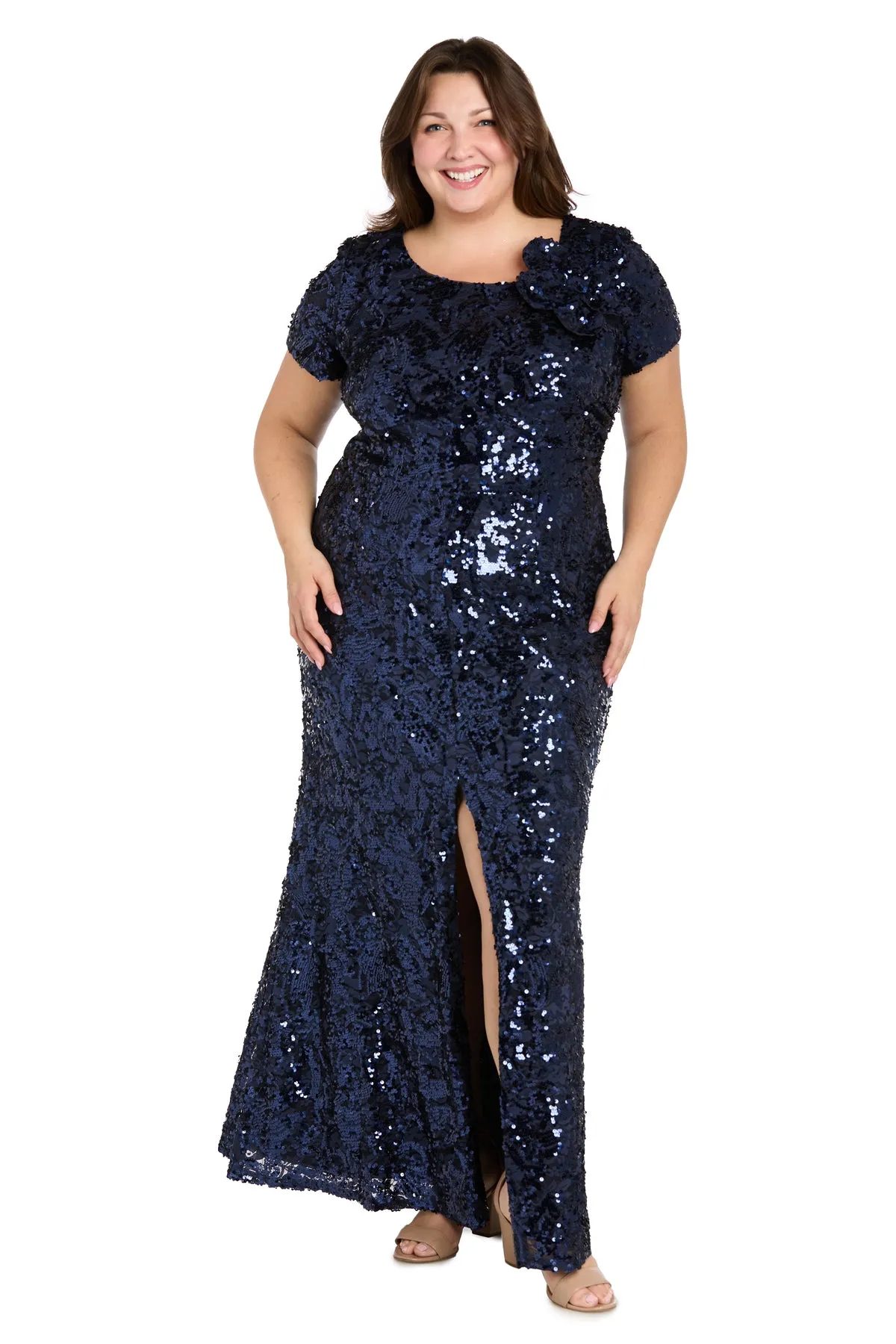 Radiant Bloom: Sequin Gown with High Slit and Floral Shoulder Accent - Plus sold by R&M Richards