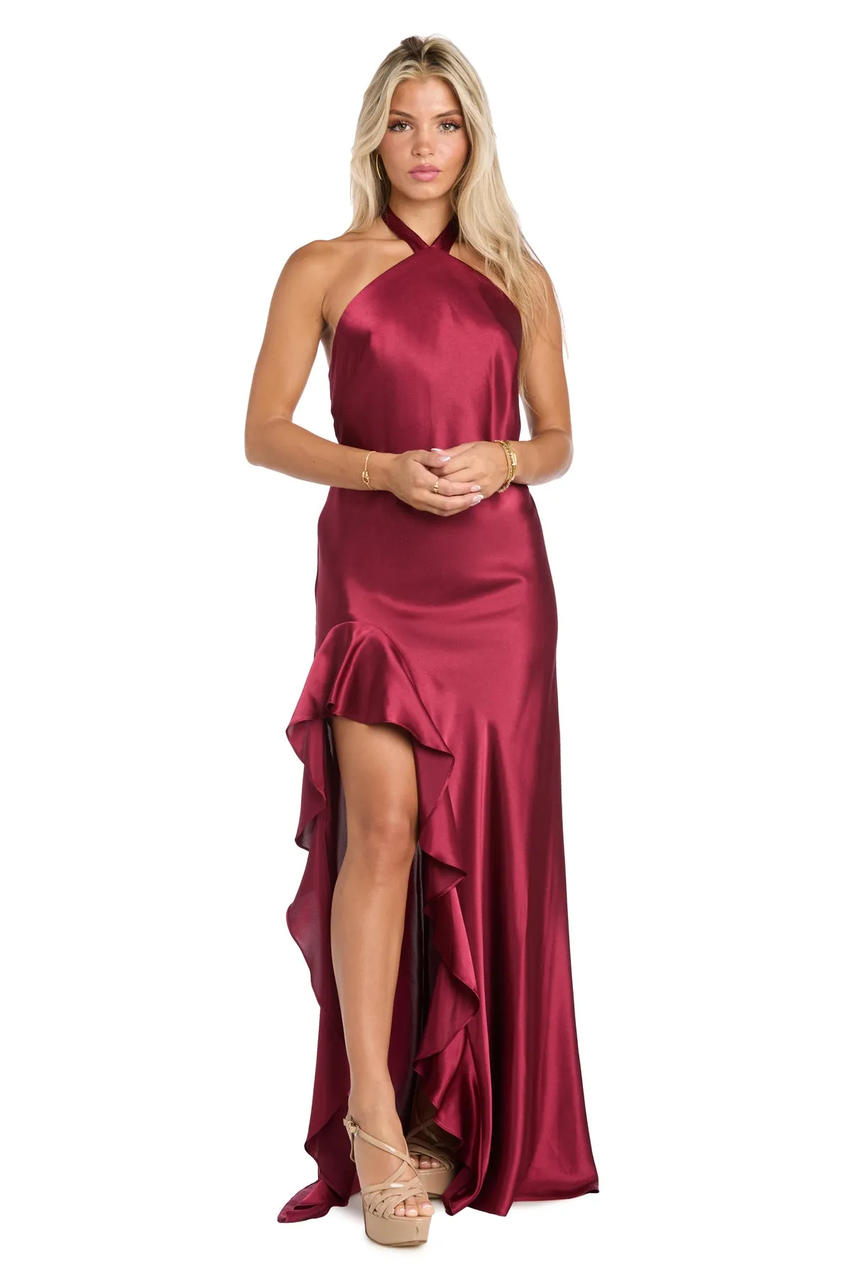 Ruffled Elegance: Satin High Neck Halter Dress with Dramatic Slit sold by R&M Richards