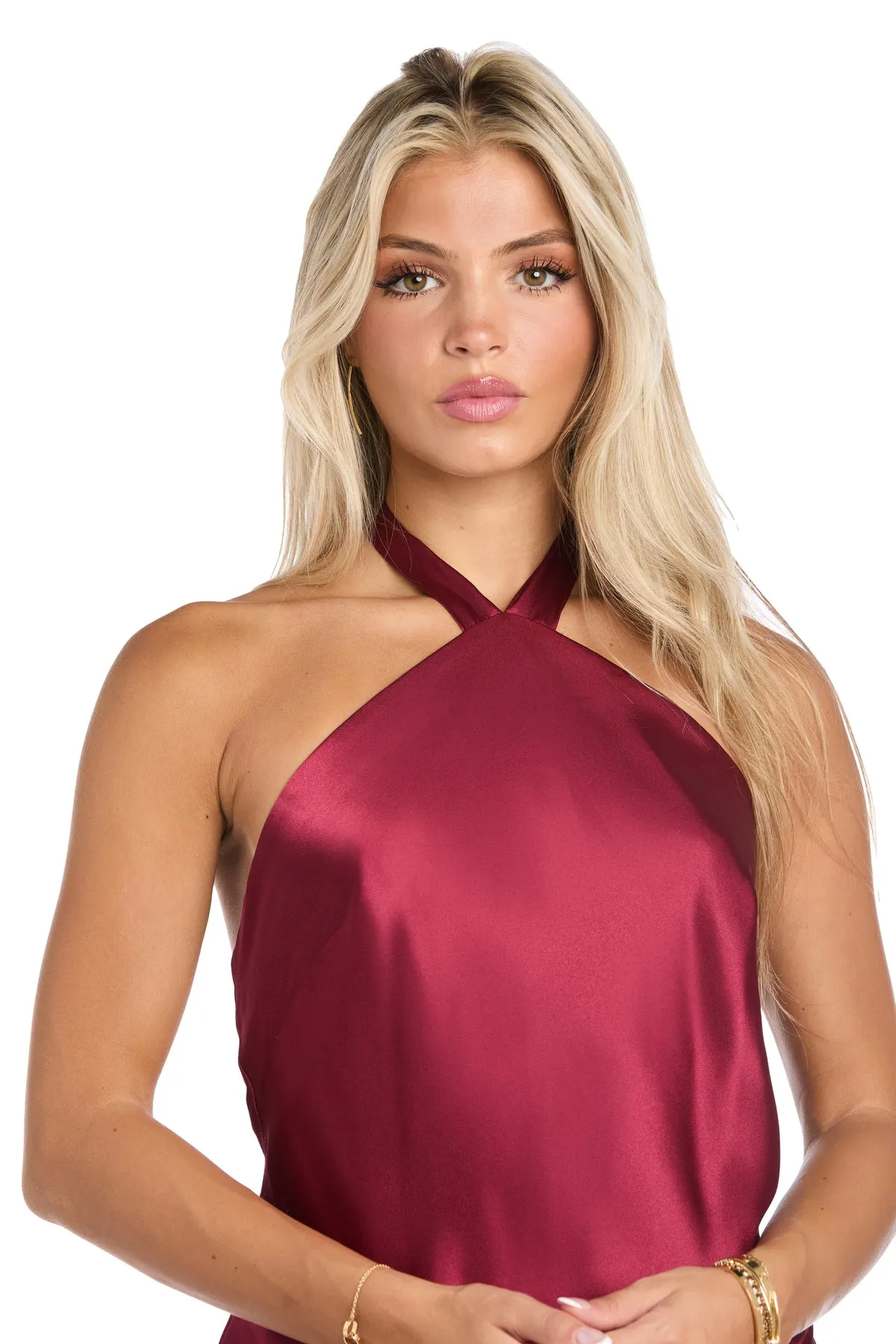 Ruffled Elegance: Satin High Neck Halter Dress with Dramatic Slit sold by R&M Richards product image thumbnail 3