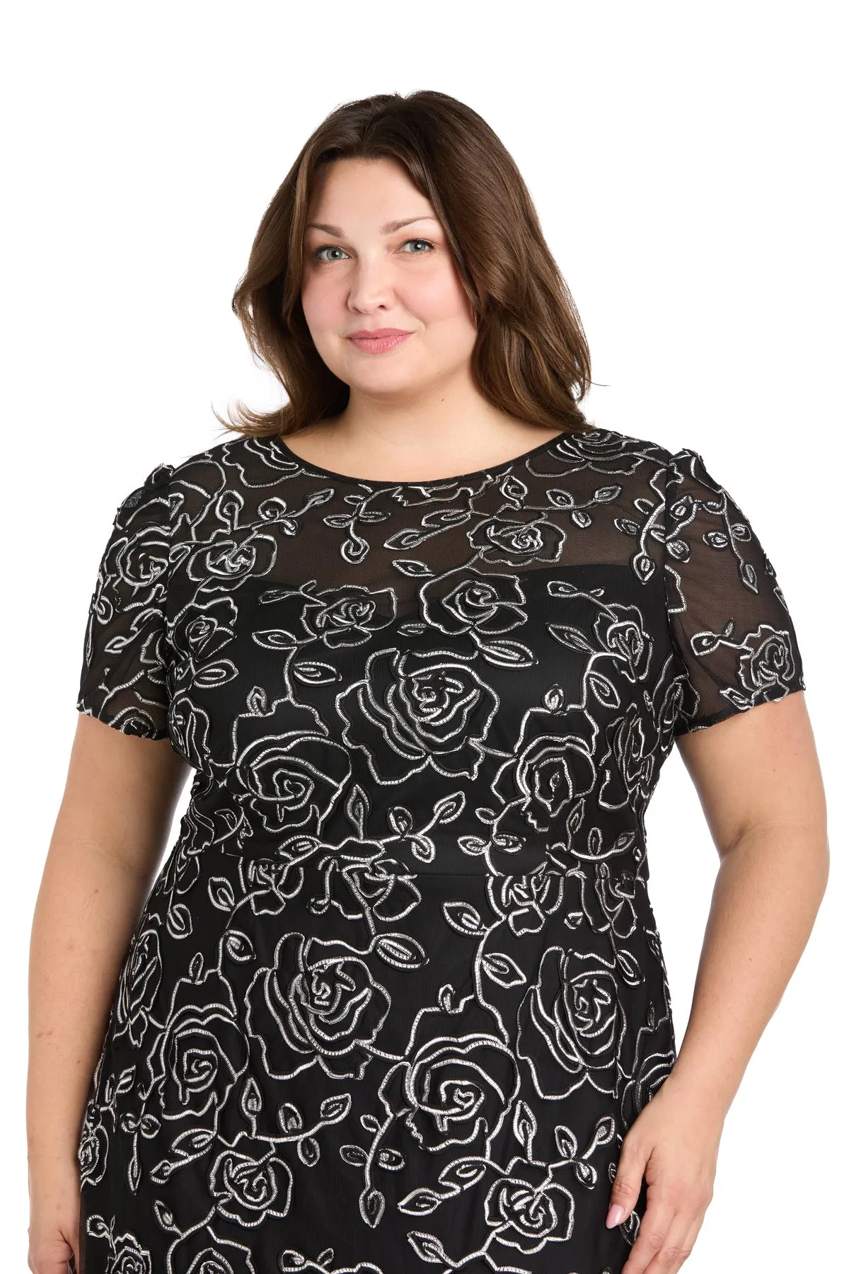 Embroidered Floral Midi Dress with Flared Skirt and Short Sleeves - Plus sold by R&M Richards product image thumbnail 3