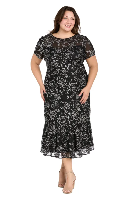 Embroidered Floral Midi Dress with Flared Skirt and Short Sleeves - Plus sold by R&M Richards