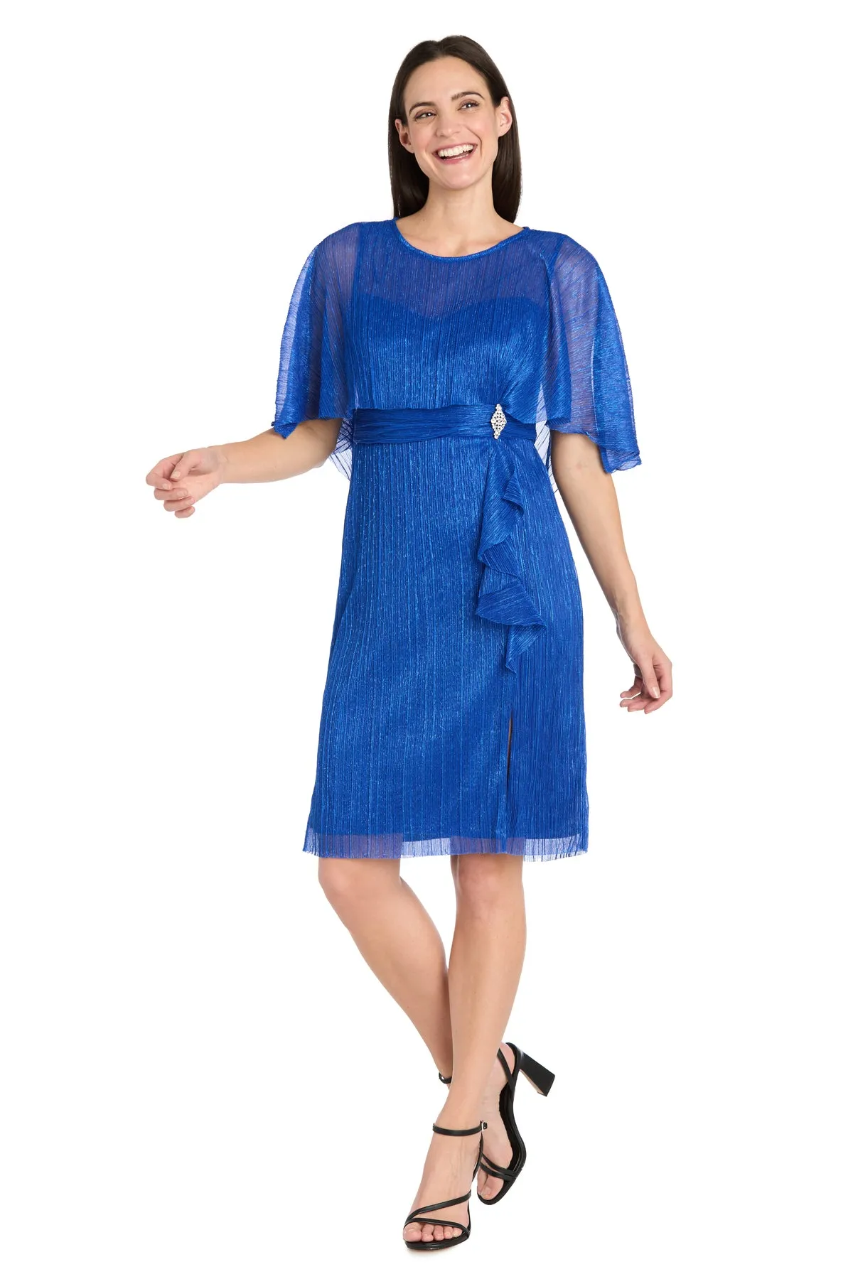 Royal Cocktail Caplet Dress with Rhinestone and Ruffle Side Detail sold by R&M Richards