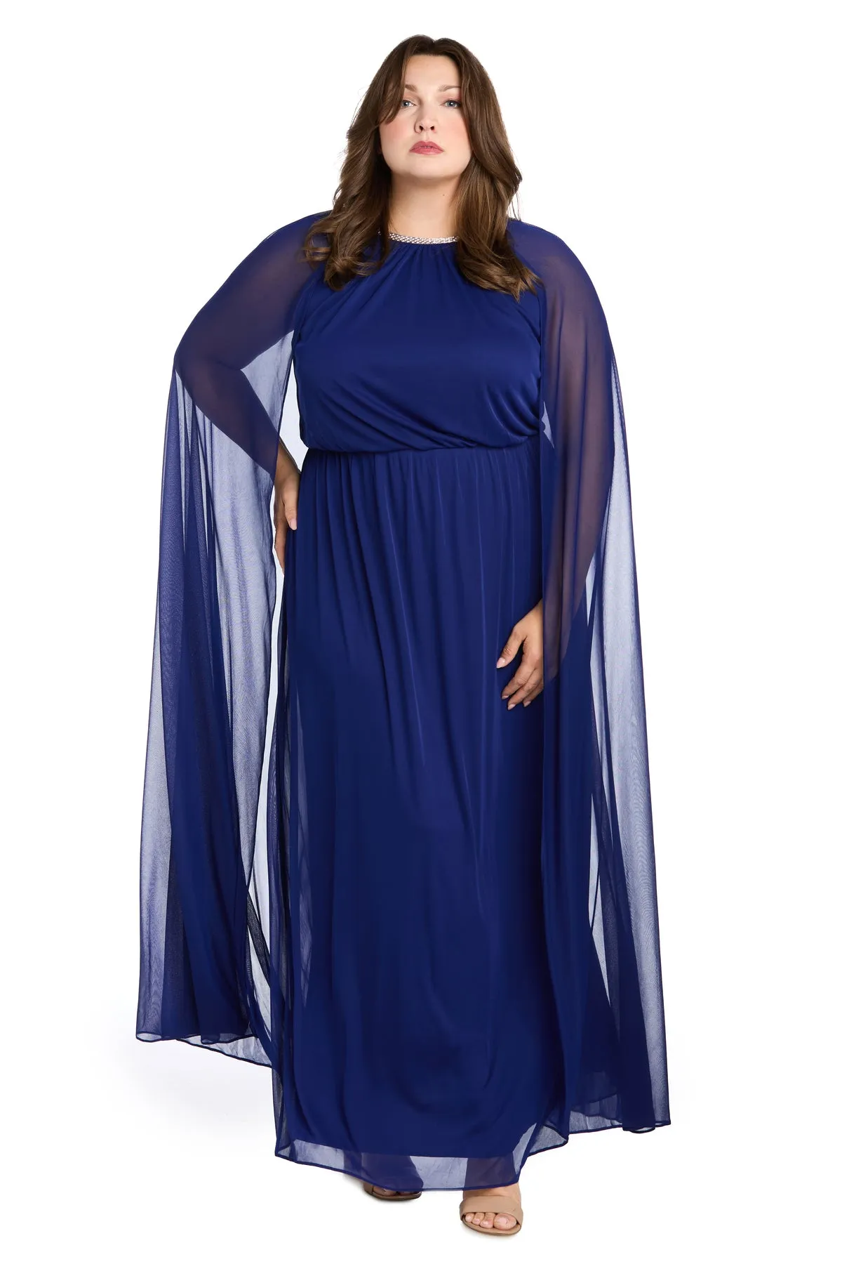 Elegant Chiffon Long Dress with Rhinestone-Trimmed Blouson Top and Dramatic Cape - Plus sold by R&M Richards product image thumbnail 4