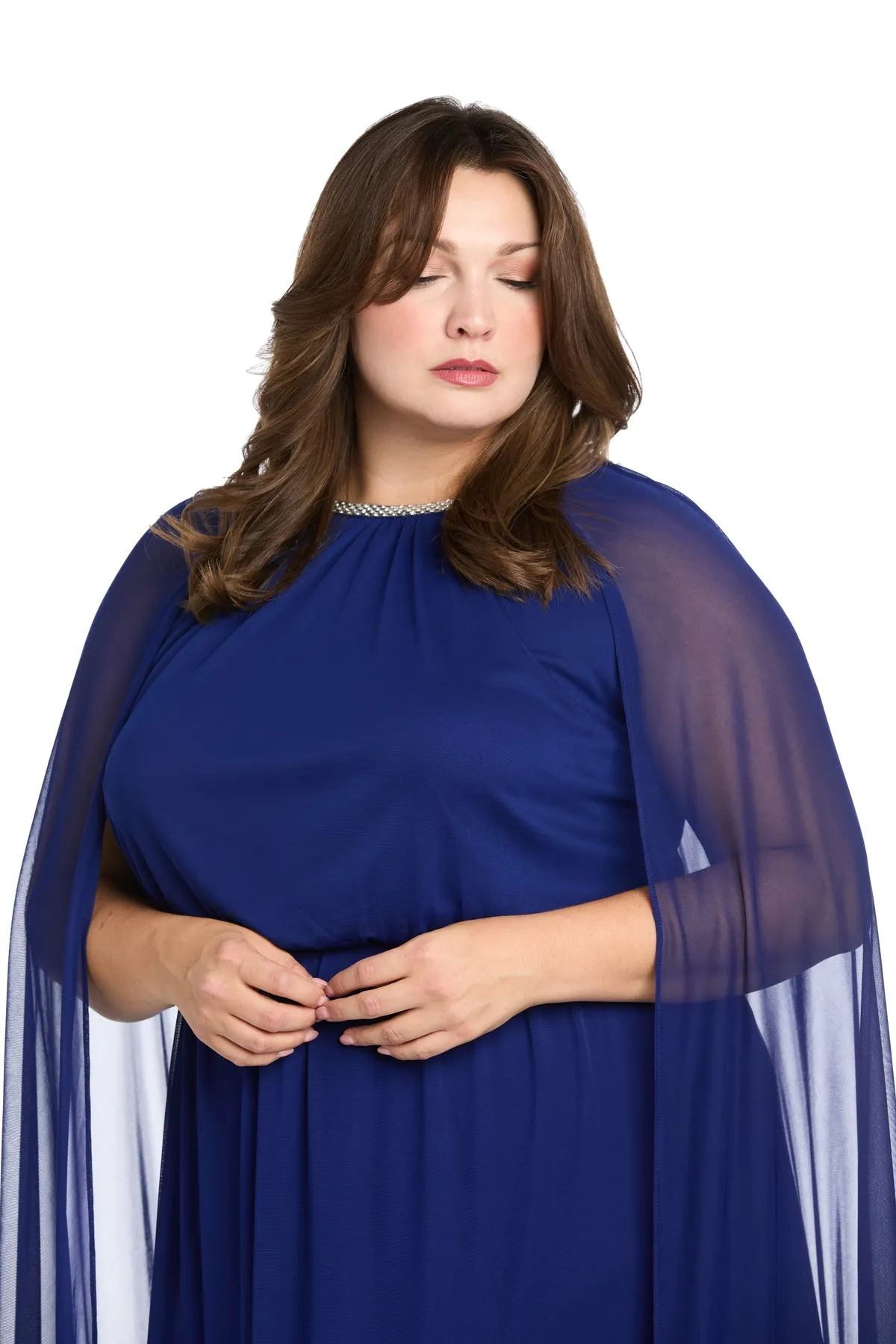 Elegant Chiffon Long Dress with Rhinestone-Trimmed Blouson Top and Dramatic Cape - Plus sold by R&M Richards product image thumbnail 3