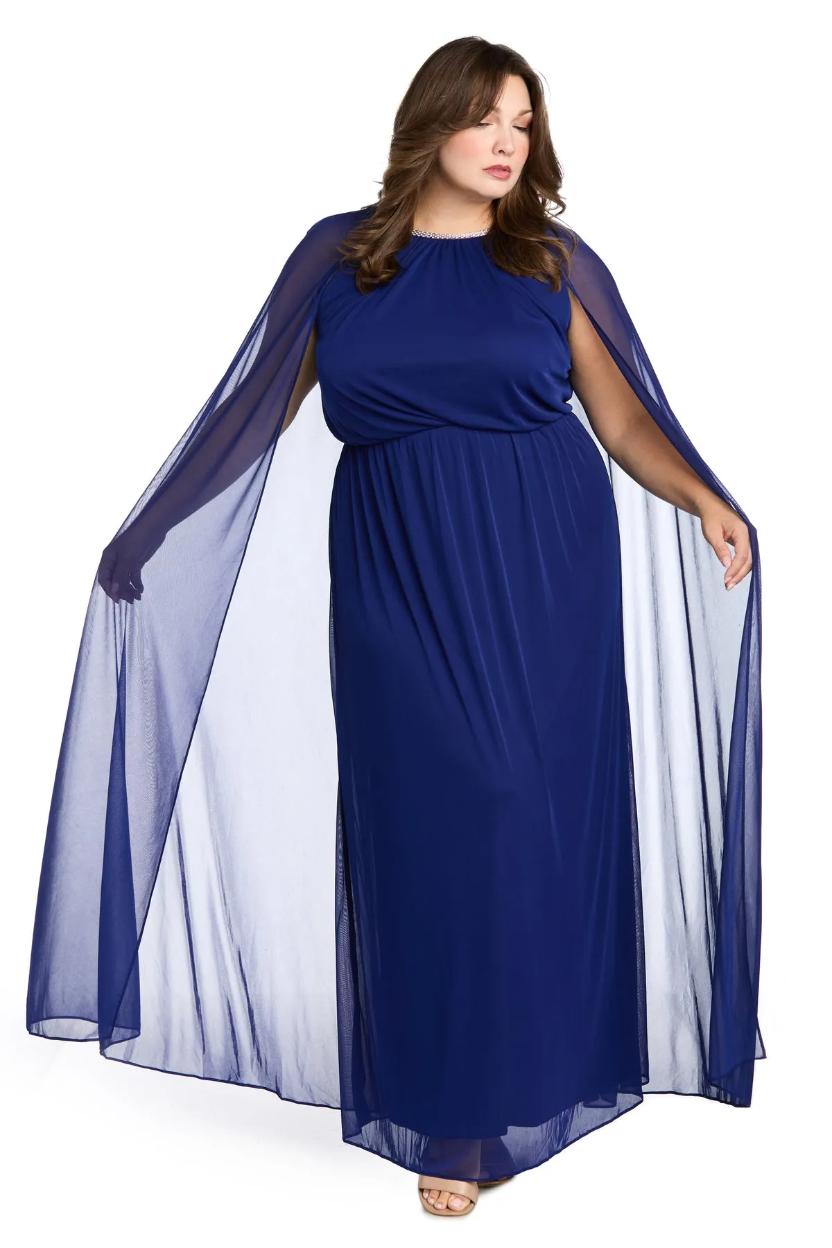 Elegant Chiffon Long Dress with Rhinestone-Trimmed Blouson Top and Dramatic Cape - Plus sold by R&M Richards product image thumbnail 5