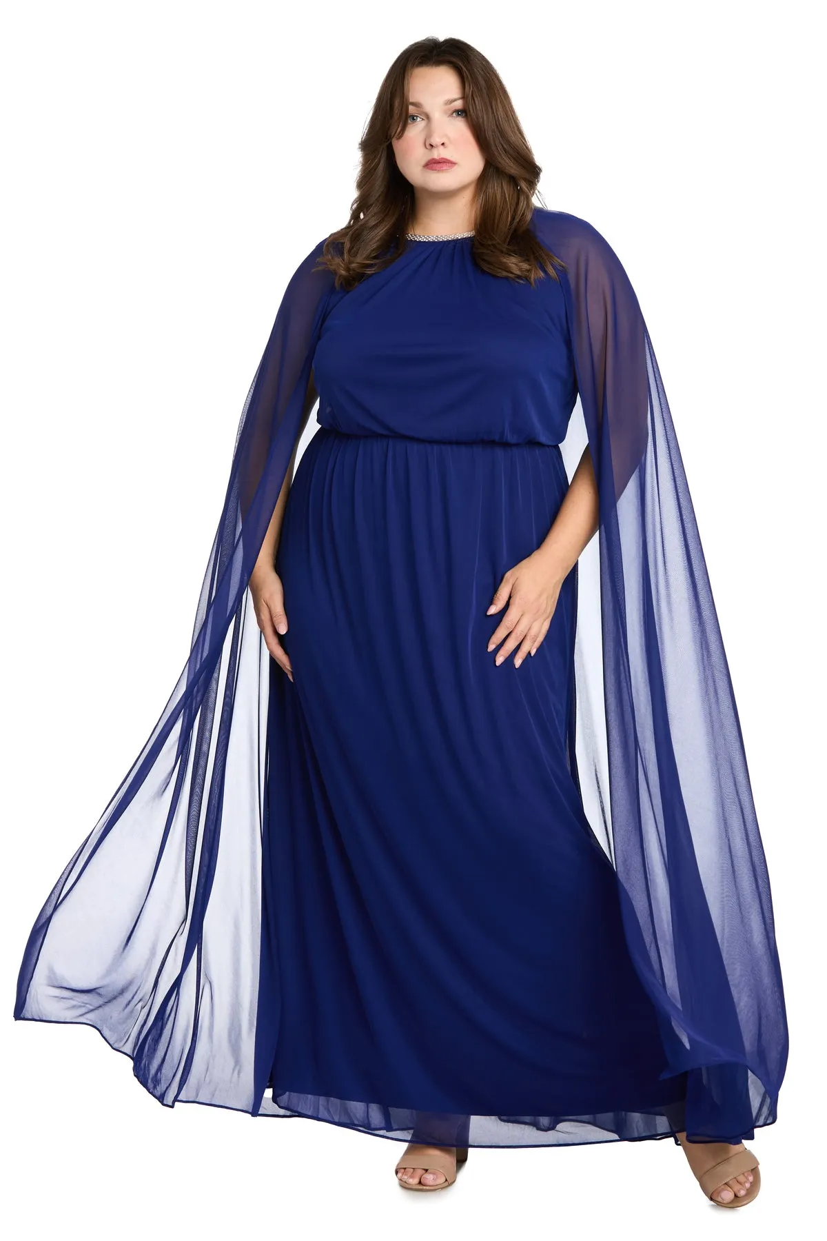 Elegant Chiffon Long Dress with Rhinestone-Trimmed Blouson Top and Dramatic Cape - Plus sold by R&M Richards